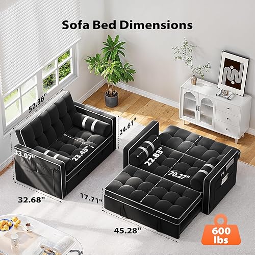 Miniatura 2 de Pipishell Sofá cama 3 en 1, sofá cama extraíble para sala de estar con puertos USB y bolsillos laterales, respaldo ajustable, terciopelo, sofá