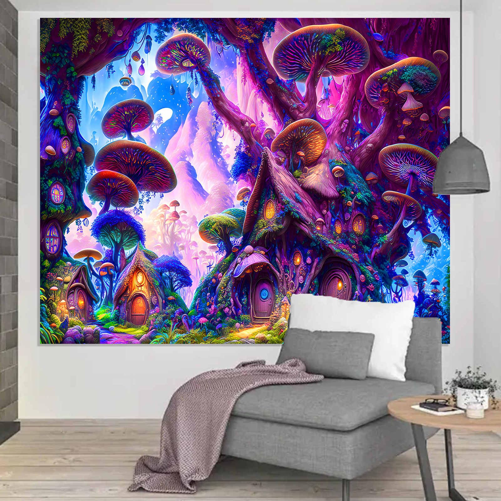 Schwarzlicht Wandteppich Rosa – UV-reaktive Berglandschaft, 101x152 Cm, Für Zimmerdeko, Schlafzimmer & Wohnzimmer