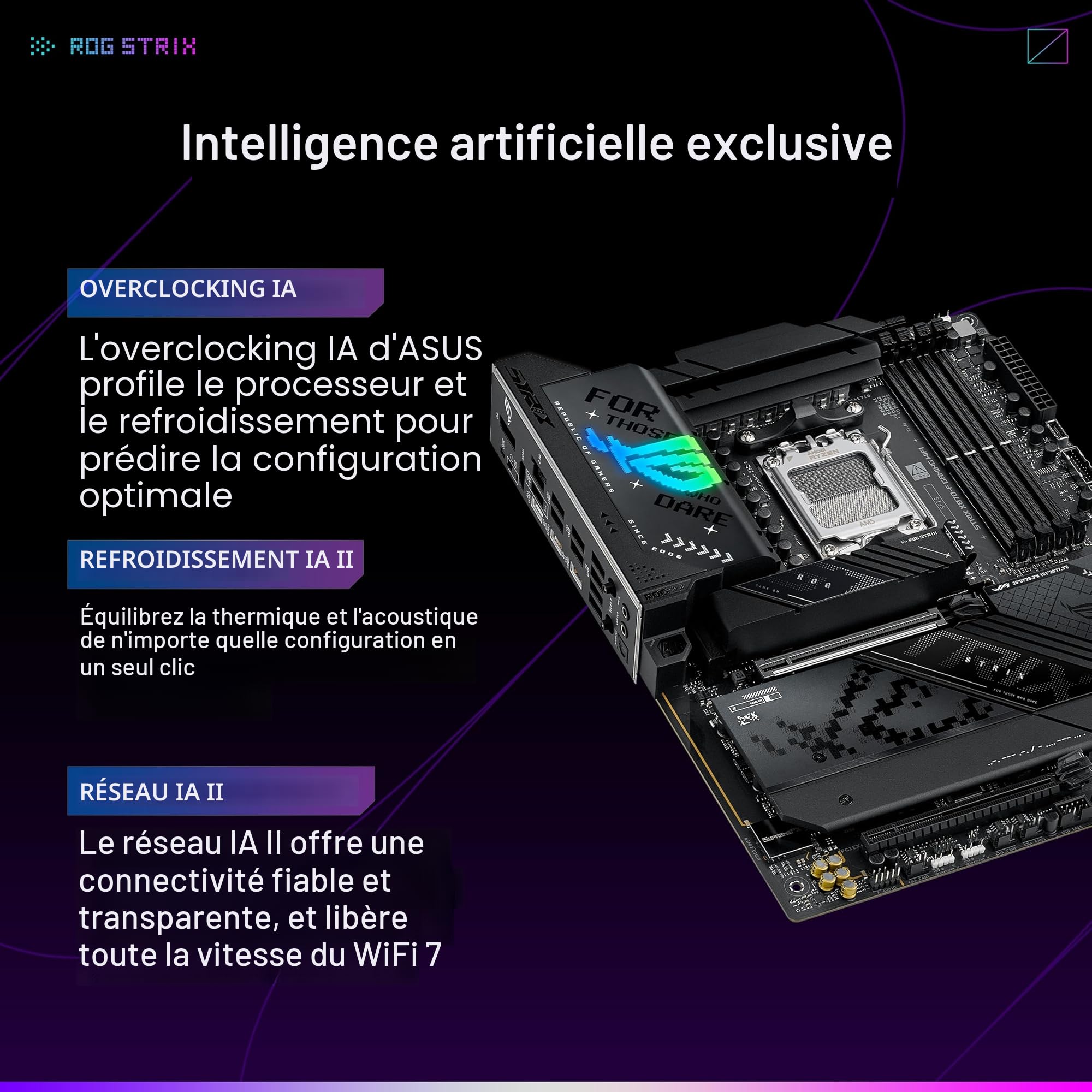 ASUS ROG Strix X870-F Gaming WiFi – Carte mère Gaming AMD Ryzen AM5 X870 ATX (DDR5, 16+2+2 DrMOS, 4 x M.2, PCIe 5.0, WiFi 7, USB4 Type-C, USB 10G avec PD 3.0 jusqu'à 30W, Aura Sync RGB)
