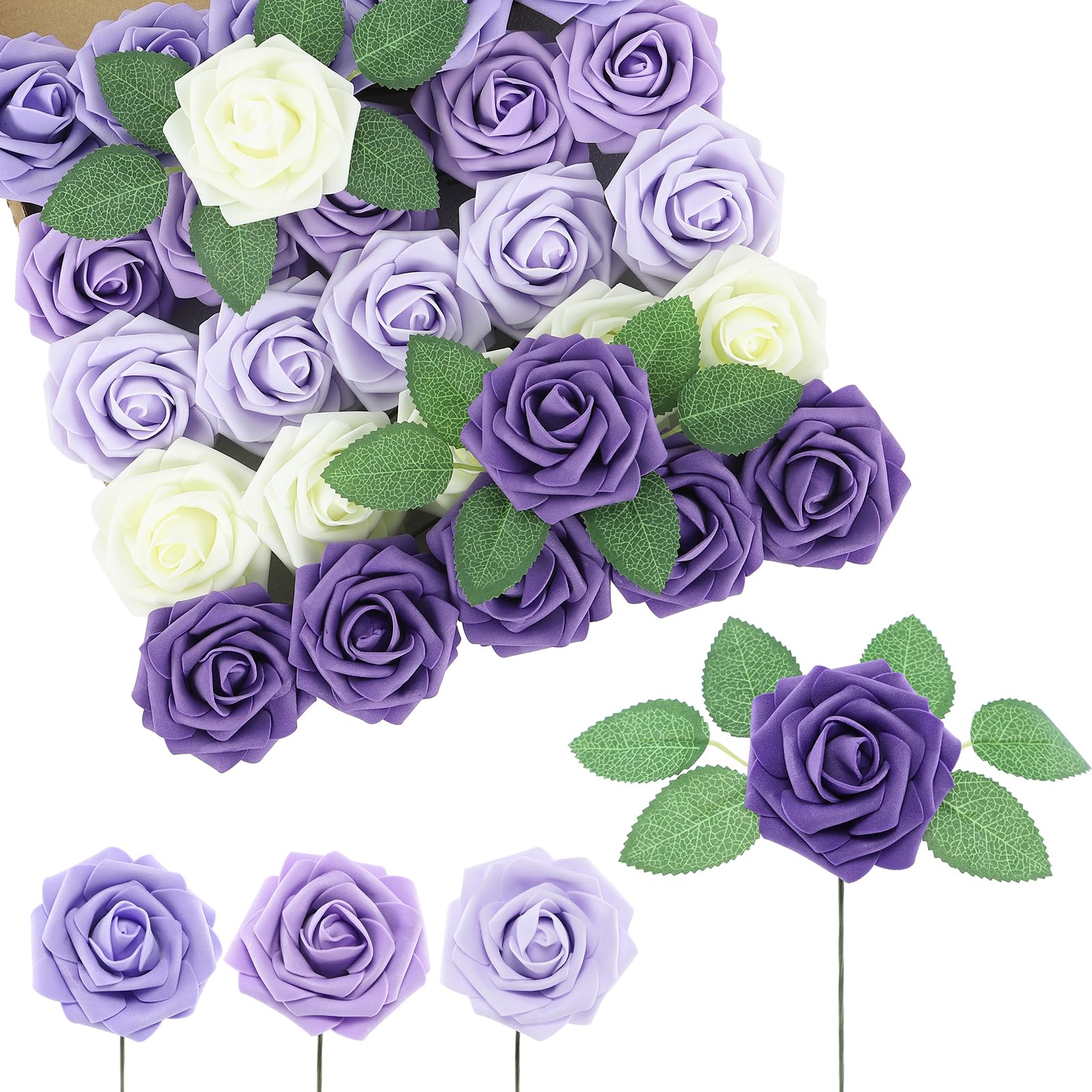 DuHouse 25Pcs Artificial Roses Flowers Fake Rose with Stems Real Touch Foam Flower Head for DIY Wedding Bridal Bouquet Baby Shower Centerpiece Floral Arrangement Party Home Decor(Series Purple) — image 1