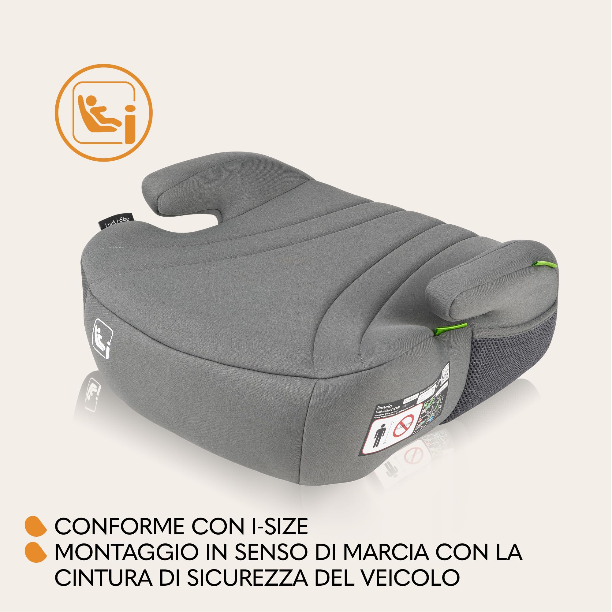 Lionelo Rialzo Auto per bambini LUUK I-Size Gruppo 2/3, 125-150 cm (22-36kg) Booster Leggero 1,6 kg e Comodo - Schiuma Adattiva, Braccioli, Traspirante e Lavabile, Facile installazione con cintura