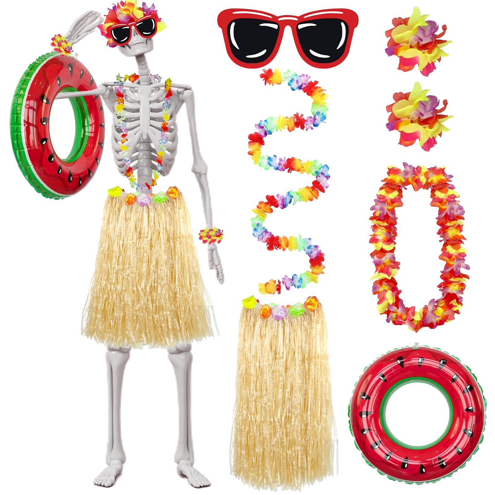 Jiytivity 8 Pcs 12 Ft Skeleton Summer Costume Set Hawaiian Skeleton Clothes | Accessories Include Inflatable Watermelon Swimming Ring Hawaiian Leis Skirt Bracelet Glasses for Luau Garden Lawn Decor