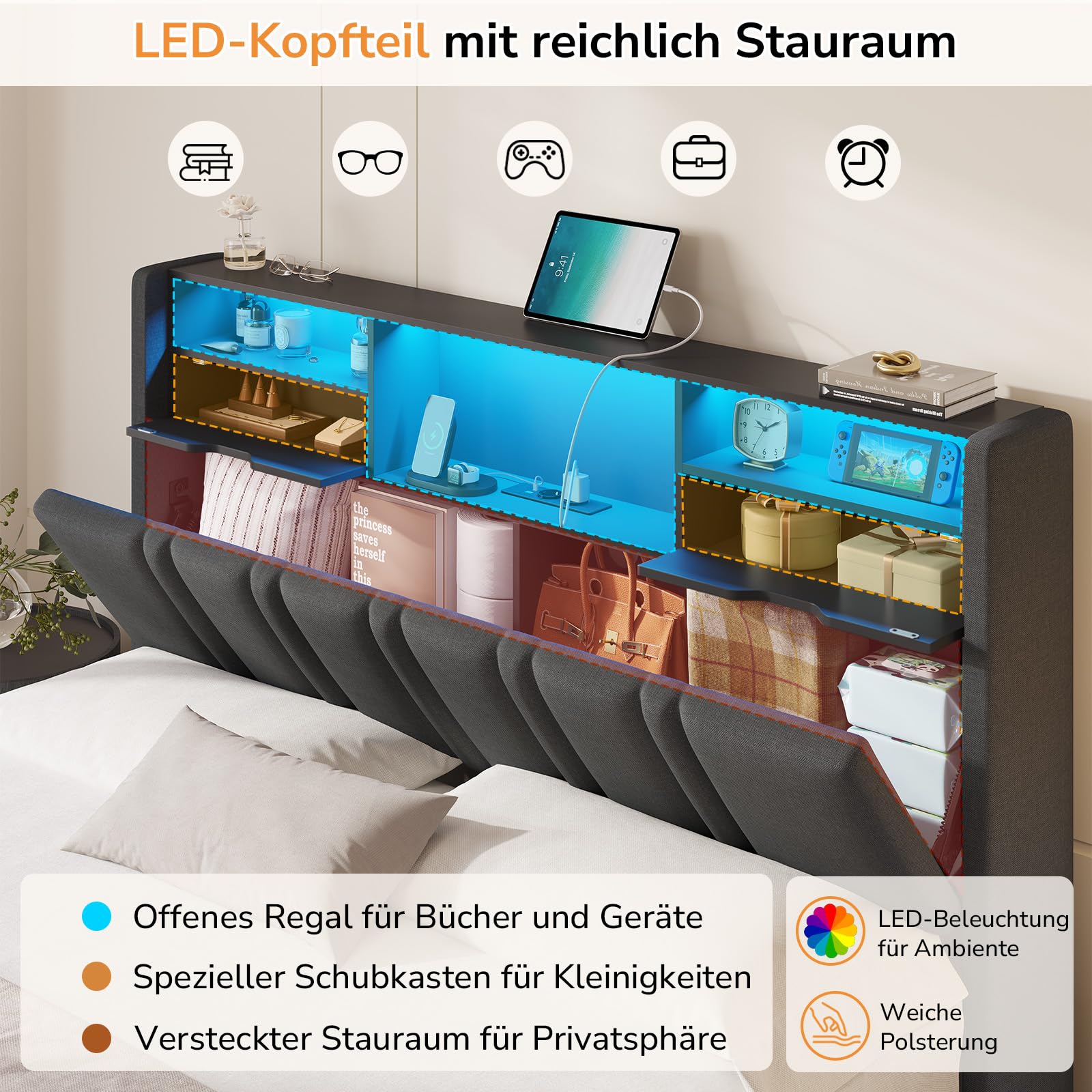 DICTAC Bett 160x200 Grau mit LED und USB-C – Polsterbett mit Bettkasten, Hydraulik, Stauraum 30cm, inkl. Lattenrost, gepolstertes Kopfteil mit Ladestation, Doppelbett für Erwachsene