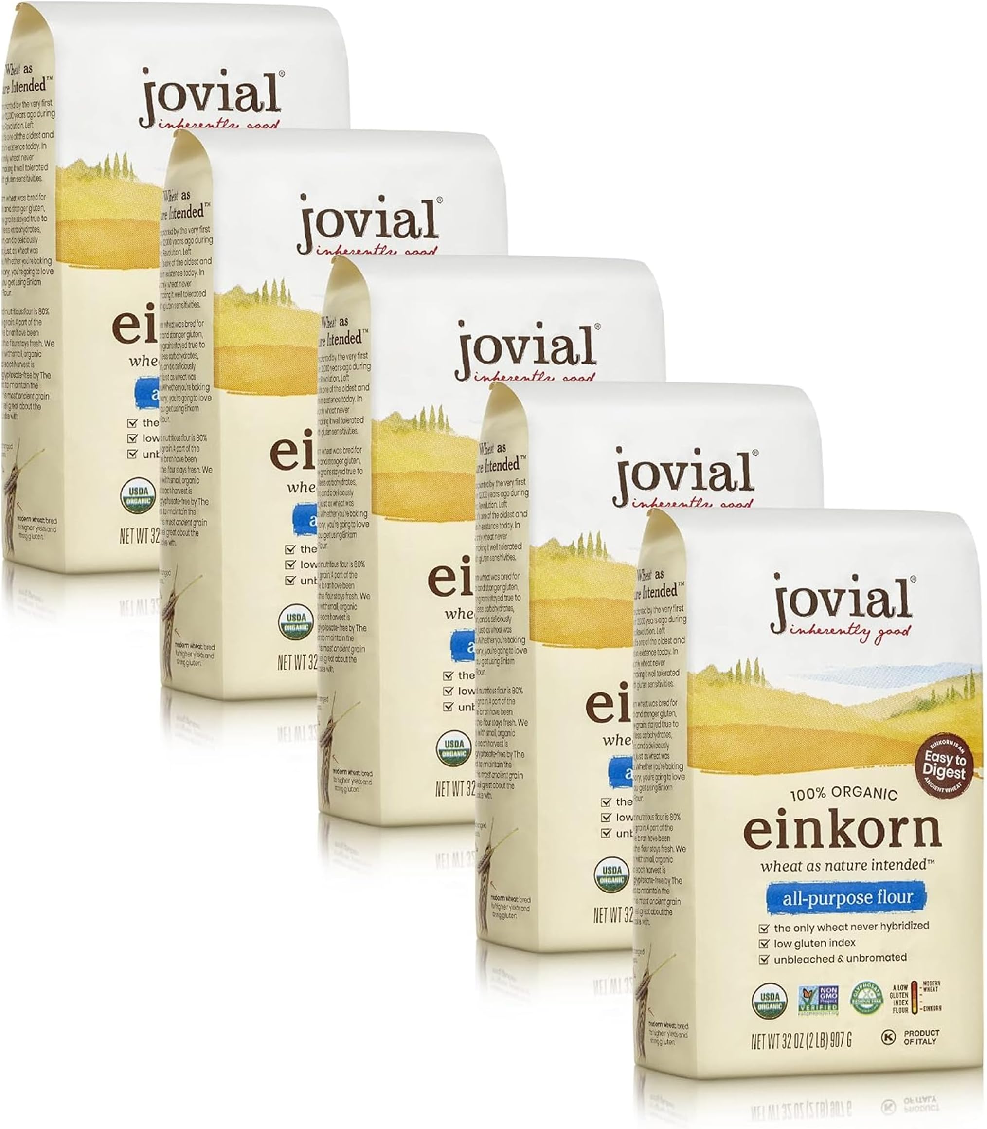 Jovial Einkorn 100% Organic Einkorn All Purpose Flour - Baking Flour, High Protein, Non-GMO, USDA Certified Organic, Unbleached Flour, Product of Italy, Organic All Purpose Flour - 32 Oz, 5 Pack