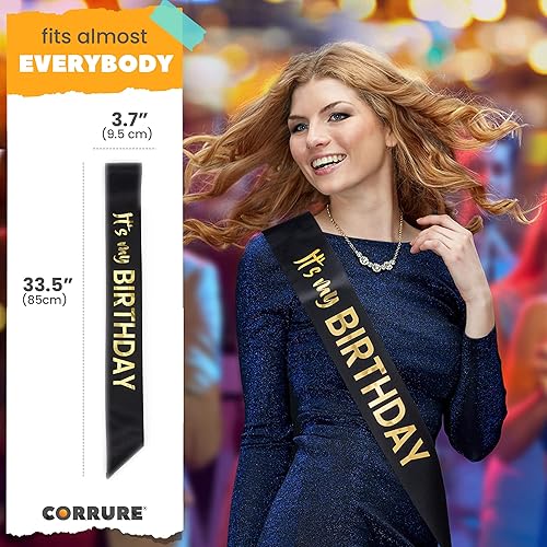 Miniatura 4 de CORRURE Banda It's My Birthday con lámina dorada, banda de cumpleaños negra satinada suave para mujeres, suministros de fiesta y decoraciones para