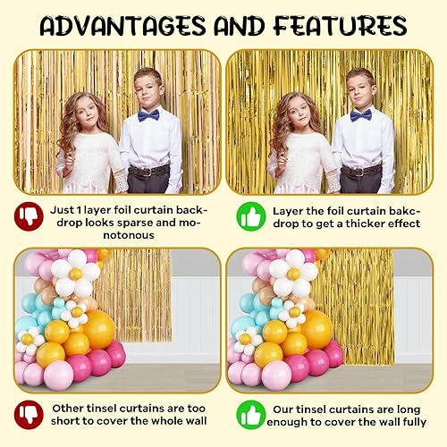 Miniatura 5 de Paquete de 2 cortinas de fondo de flecos de papel de aluminio dorado, serpentinas de oropel, decoraciones de fiesta de cumpleaños, telón de fondo