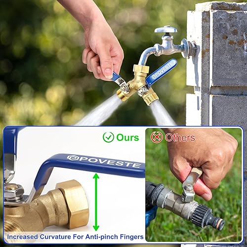 Miniatura 5 de Divisor de manguera de jardín de latón de 2 vías resistente, divisor de manguera de agua con válvula Y de flujo completo con mango largo levantado