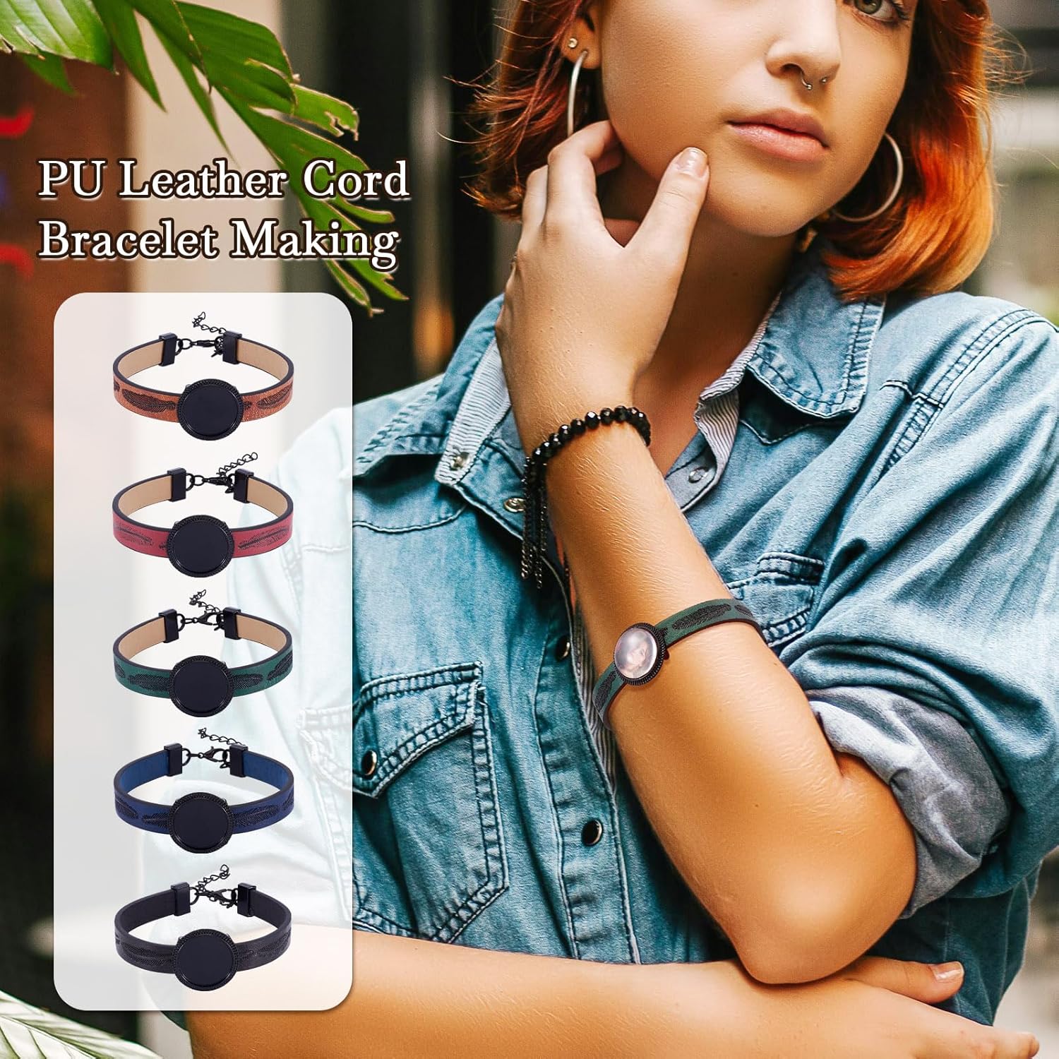 FASHEWELRY 5Pcs PU Leather Cord Bracelet Blanks Bezel Tray Settings Black Flat Round Tray Cabochons Adjustable Round Tray Bracelet Kits with Glass Cabochons for Jewelry Making - Image 4