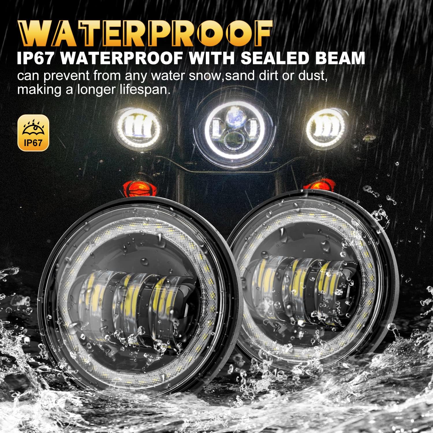 LX-LIGHT Black 4.5 Inch Round LED Passing Fog Lights With Red Demon Eyes/White DRL/Amber Turn Signal Halo Compatible with H arley Motorcycles