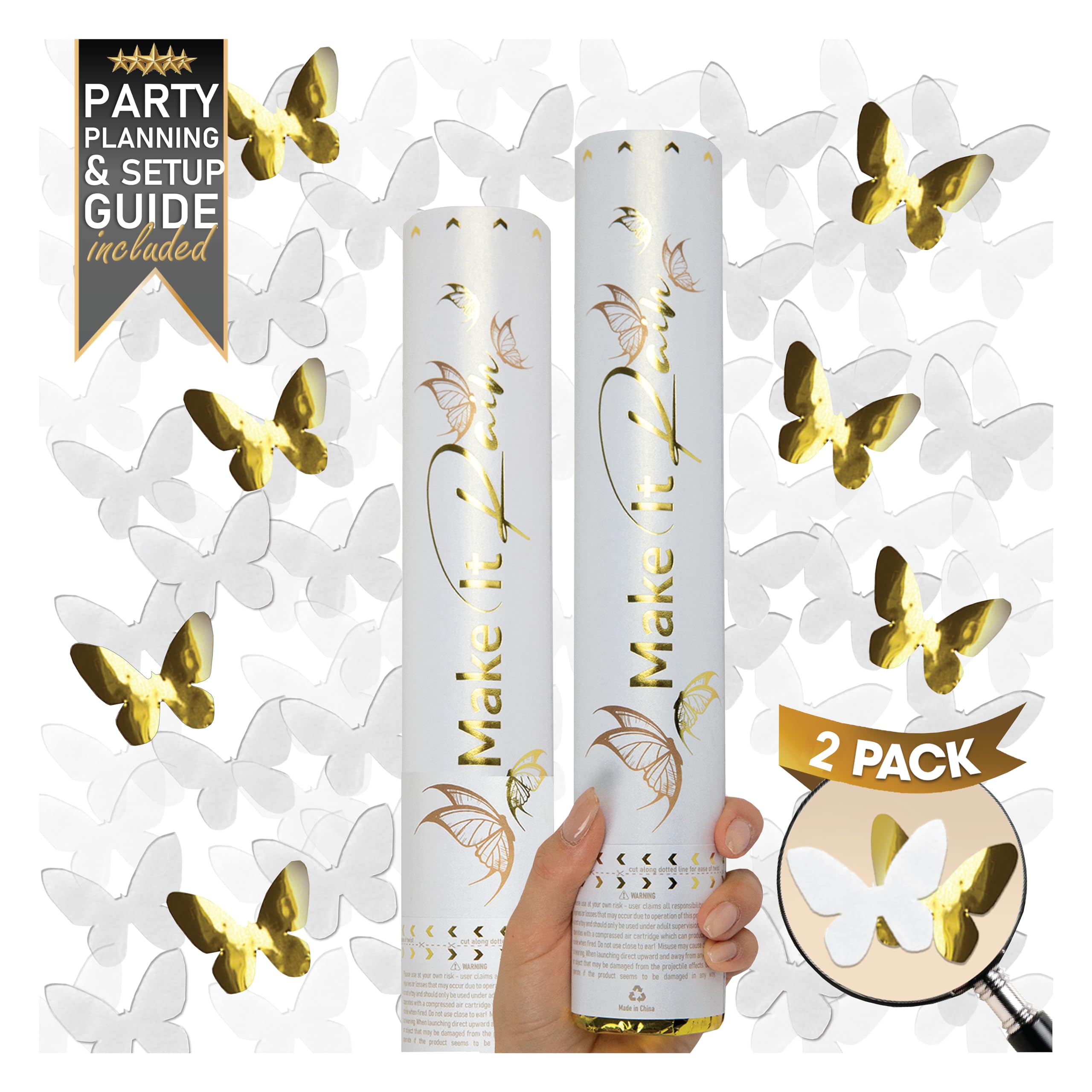 Cañones de Confeti para Bodas en Forma de Mariposa Blancas y Doradas | Paquete de 2 | Cañon Confeti Blanco y Dorado Ideal para Bodas, Cumpleaños, Eventos y Fiestas | Pistola Confeti y Tubo Confeti