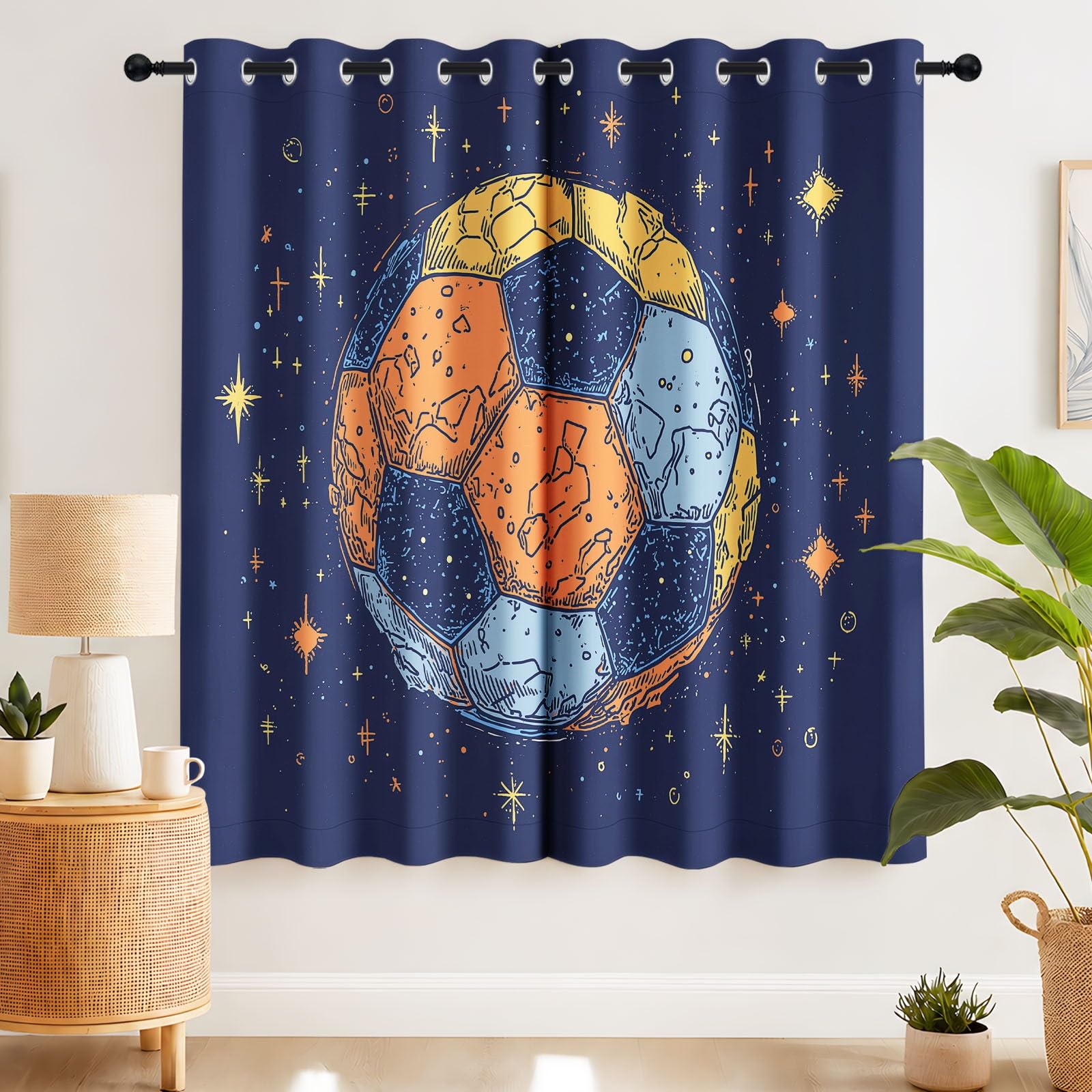 Verdunkelungsvorhang Sport Sternenhimmel Fussball Sternenlicht Spiel Geräuschreduzierung Blickdichte Vorhänge Mit Ösen - Ösenvorhang für Wohnzimmer Schlafzimmer Kinderzimmer Dekorieren, 117 x 137 cm