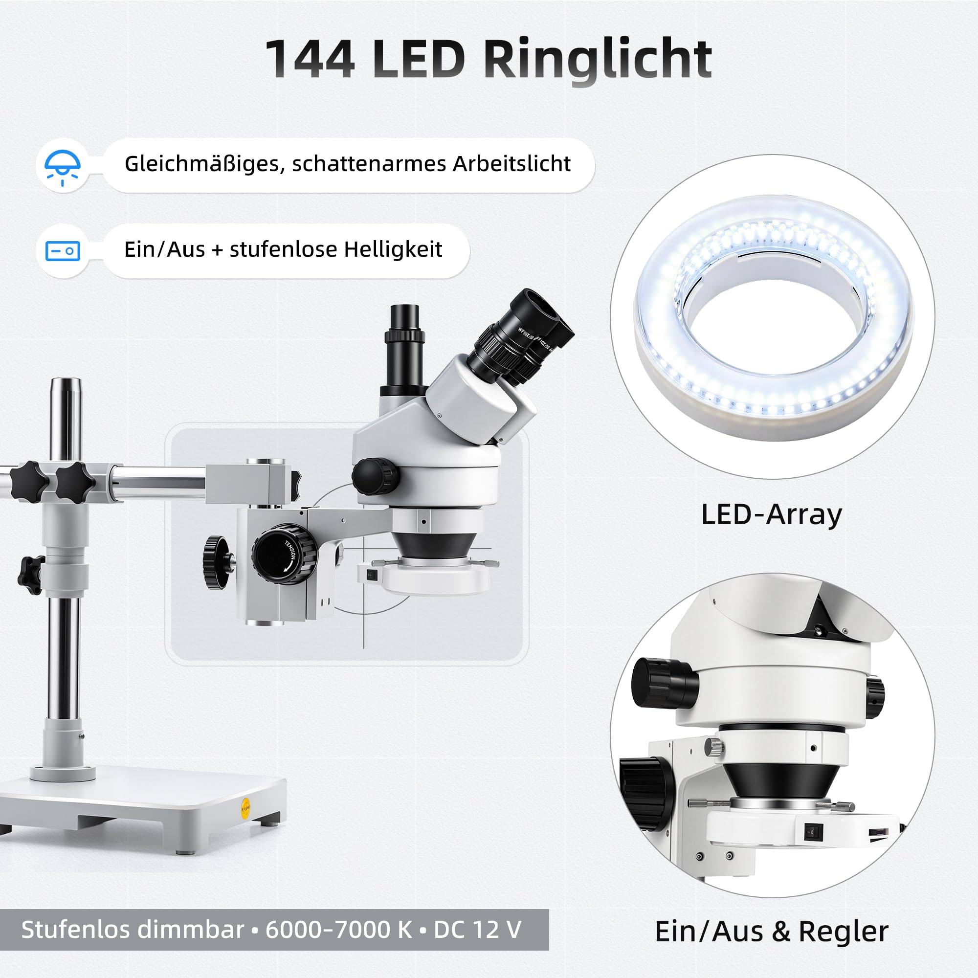 SWIFT S7-TS520-EA10-144 trinokulares Stereo-Zoommikroskop (Greenough) 3,5–90×, stufenloser Zoom 0,7–4,5×, Boom-Stativ, 144-LED Ringlicht dimmbar, φ23,2mm Kameraadapter