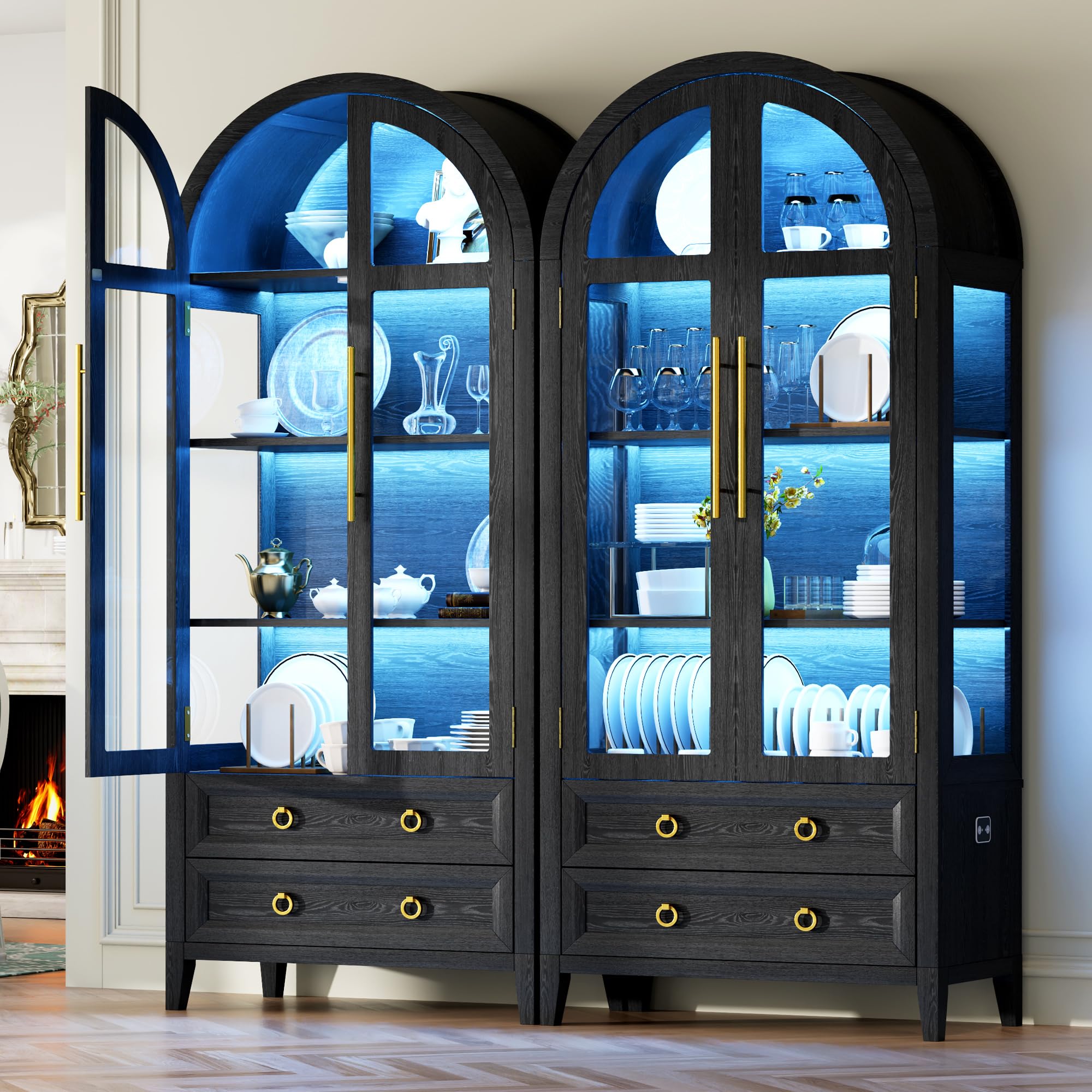 LVSOMT Gewölbte Glasvitrine mit LED Beleuchtung, 180cm Vitrinenschrank mit Glastüren, Bogen Vitrine mit 4 Display Regale und 2 Schubladen, 3 Farbe Licht, Vitrine Glas Holz Wohnzimmer Flur, Schwarz