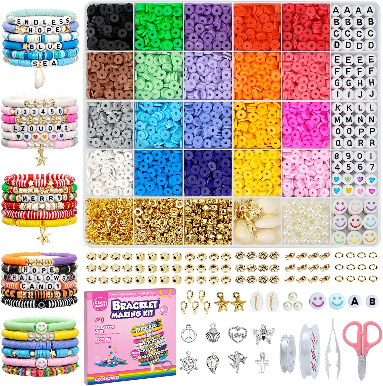 LZOUOWO 5300 Clay Beads Bracelet Making Aesthetic Kit, Polymer Heishi Preppy Letter Beads for Friendship Bracelet, Pearl Disc Beads Charms for Jewelry Making, DIY Creative Gift for Girls 8-12 Teens