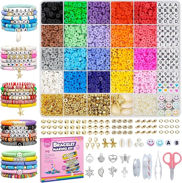 LZOUOWO 5300Pcs Clay Perles Bracelet Making Aesthétique Kit, avec perles de lettre pour bracelet d'amitié, perles d'espaceur -Pearl -Charmes pour la fabrication de bijoux, artisanat Cadeau pour les filles Ages 8-12