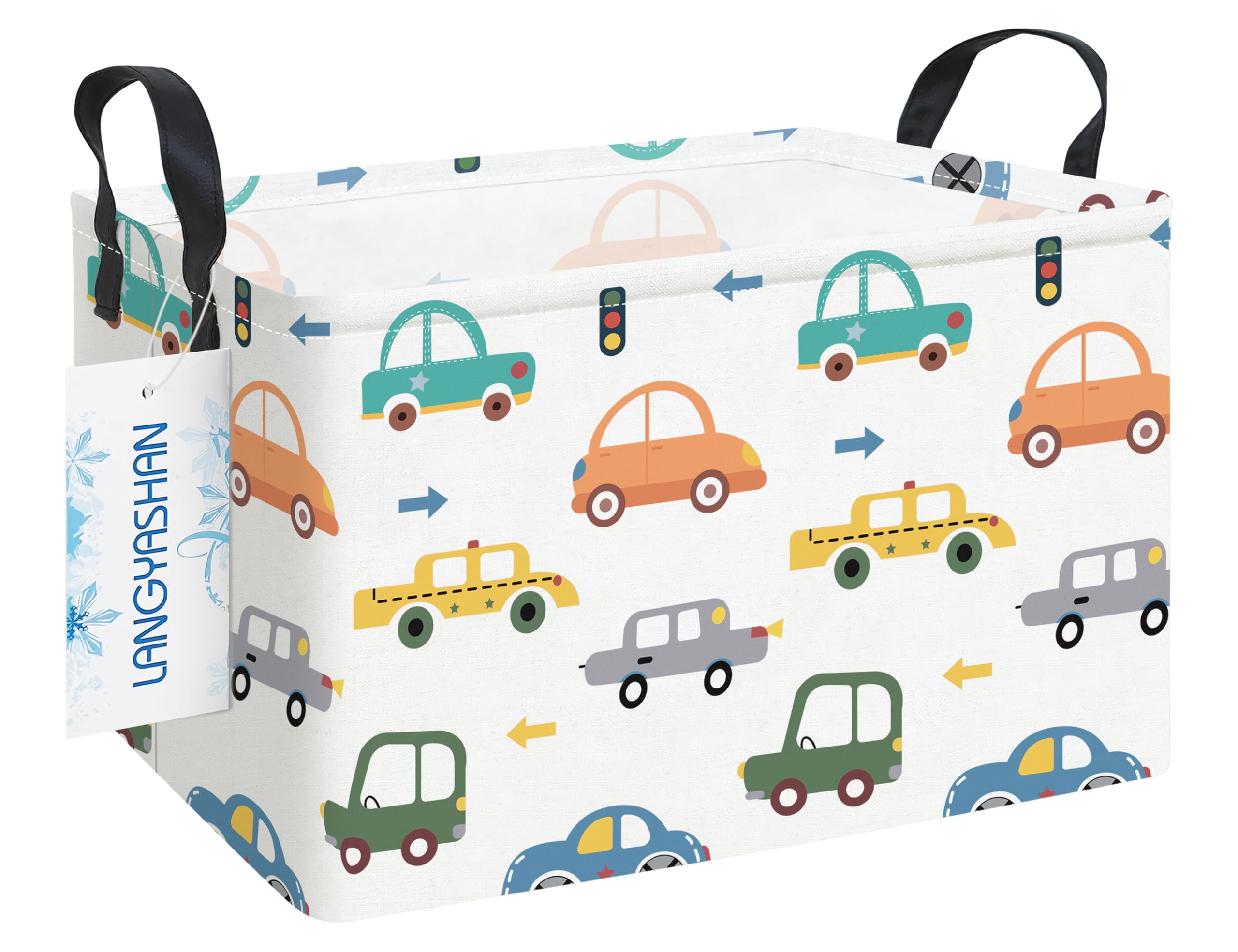 Cesta de almacenamiento rectangular de lona plegable de tela de dibujos animados con asas para organizar el hogar, cocina, niños y niñas, juguetes de oficina, armario, estantes (autos de