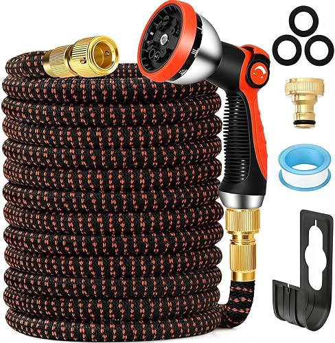 25FT/7.5M Expandable Garden Hose, Flexible Water Hose with 10-Pattern Spray Nozzle, Leak-Proof Retractable Heavy Duty Hose Pipe, 4-Layer Latex Core, Durable 3750D, -Free