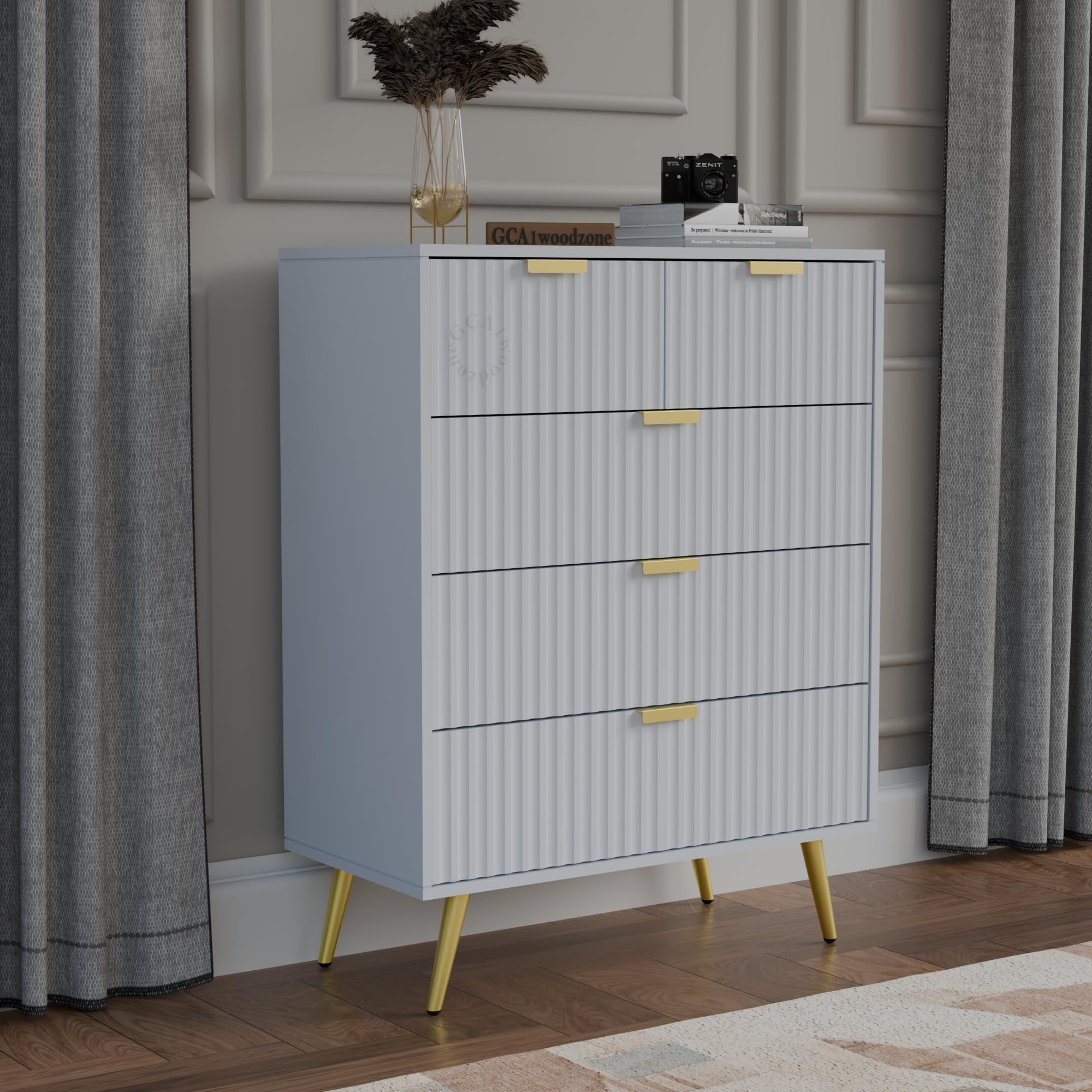 Solid Wooden Chest of Drawers | 5 Drawers Dresser Console Cabinet For Bedroom, Living Room, Drawing Room & Office | Sideboard Multipurpose Storage | HDMR Premium Wood & Iron, Grey & Golden-image-46