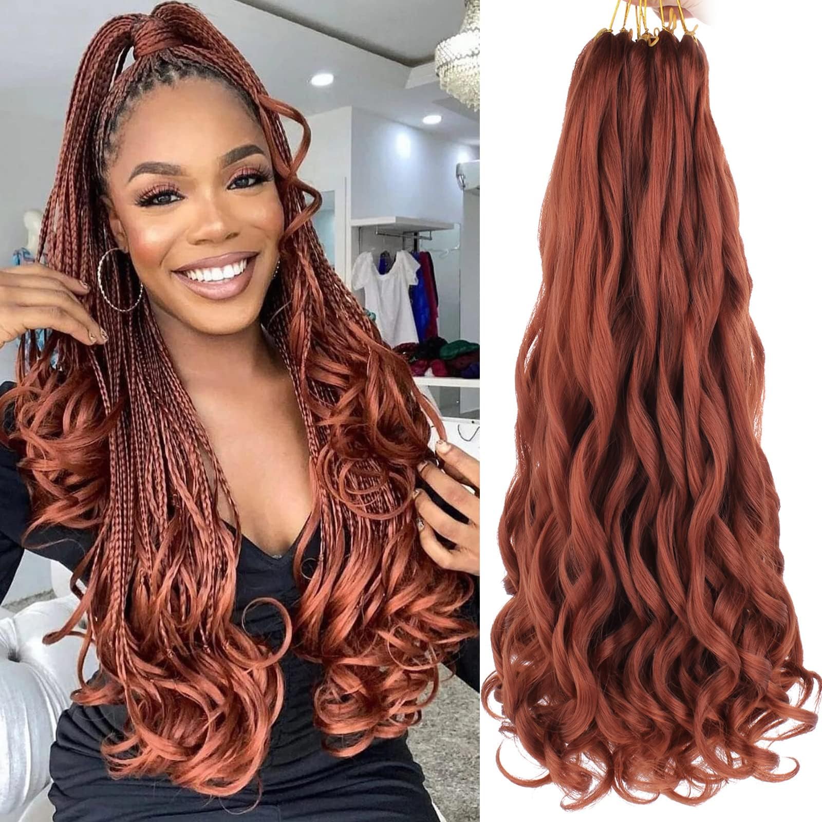 Unionbeauty 8 Packs French Curly Braiding Hair Ginger 22 Inch Pre Stretched Bouncy Braiding Hair Loose Wavy Crochet Braids Hair Copper French Curl Braids Synthetic Hair Extensions for Black Women 350#