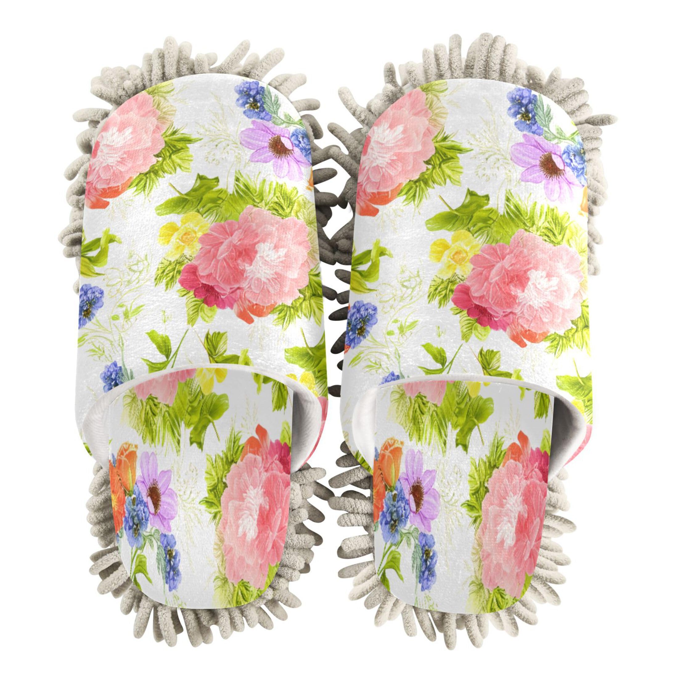 Kigai Flowers Greenery Mop Slippers for Floor Cleaning, Slippers for Women Men, Microfiber Floor Cleaning, M