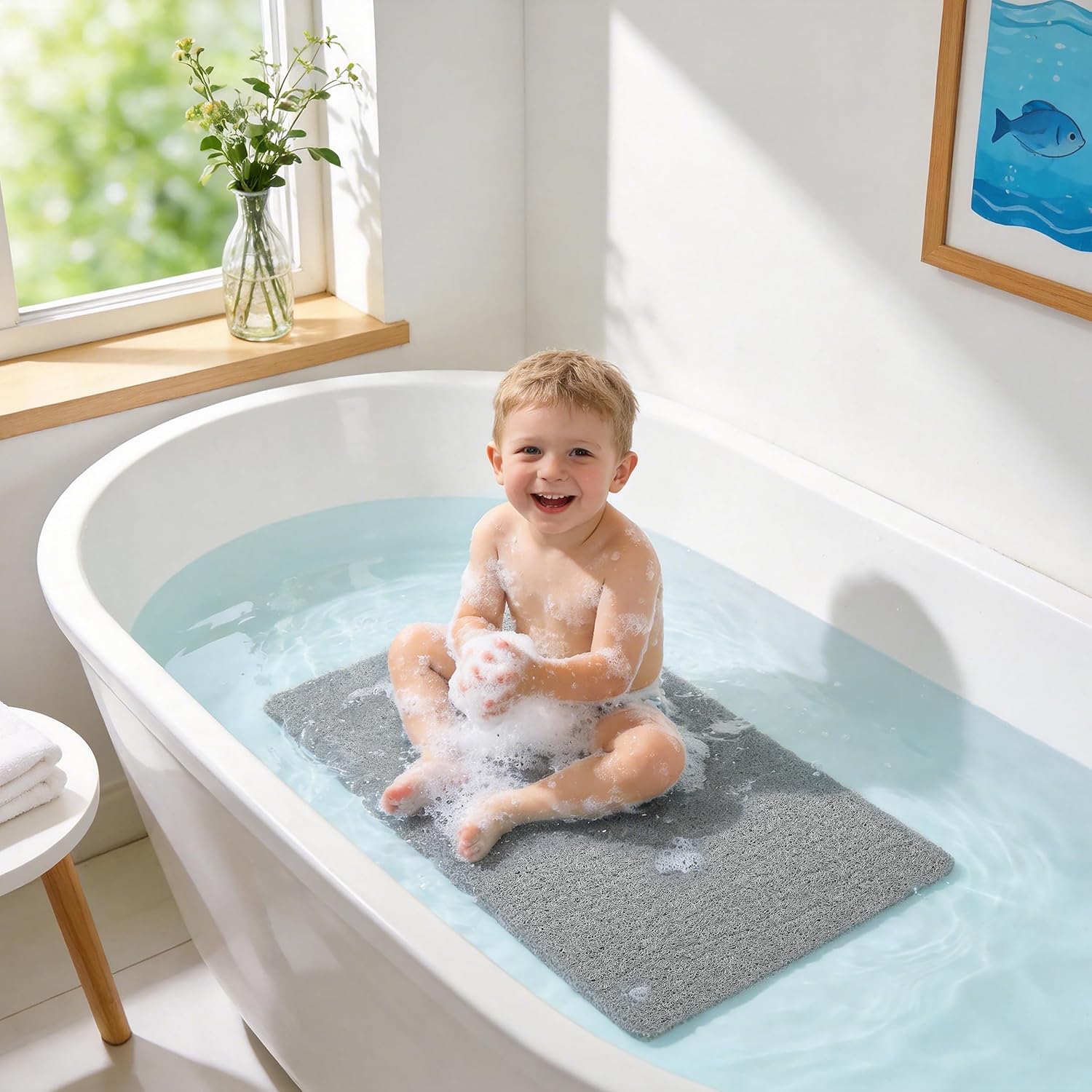 Asvin Soft Textured Bath, Shower, Tub Mat, 24x16 Inch Rectangular, Phthalate Free, Non Slip Comfort Bathtub Mats with Drain, PVC Loofah Bathroom Mat for Wet Areas, Quick Drying, Grey