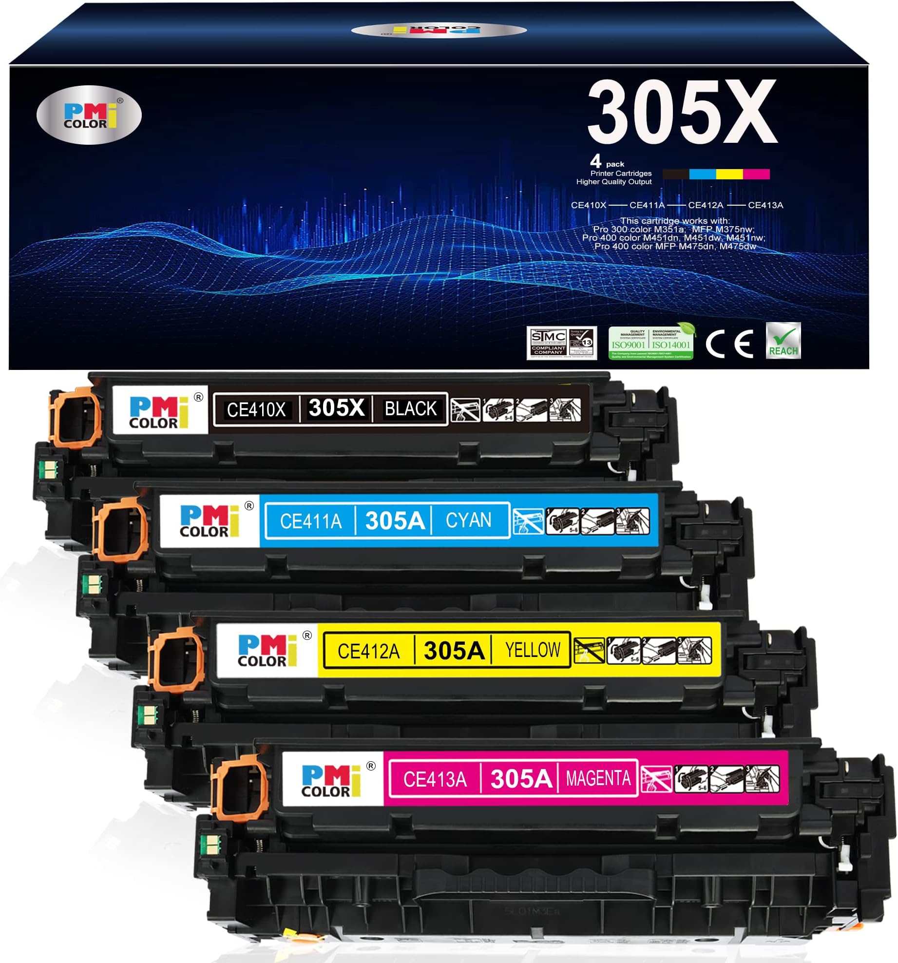 305A 305X Toner Cartridges 4 Pack Replacement for HP Laserjet Pro 400 M451dn M451nw M451dw MFP M475dw M475dn Pro 300 M375nw (Black,Cyan, Magenta, Yellow)
