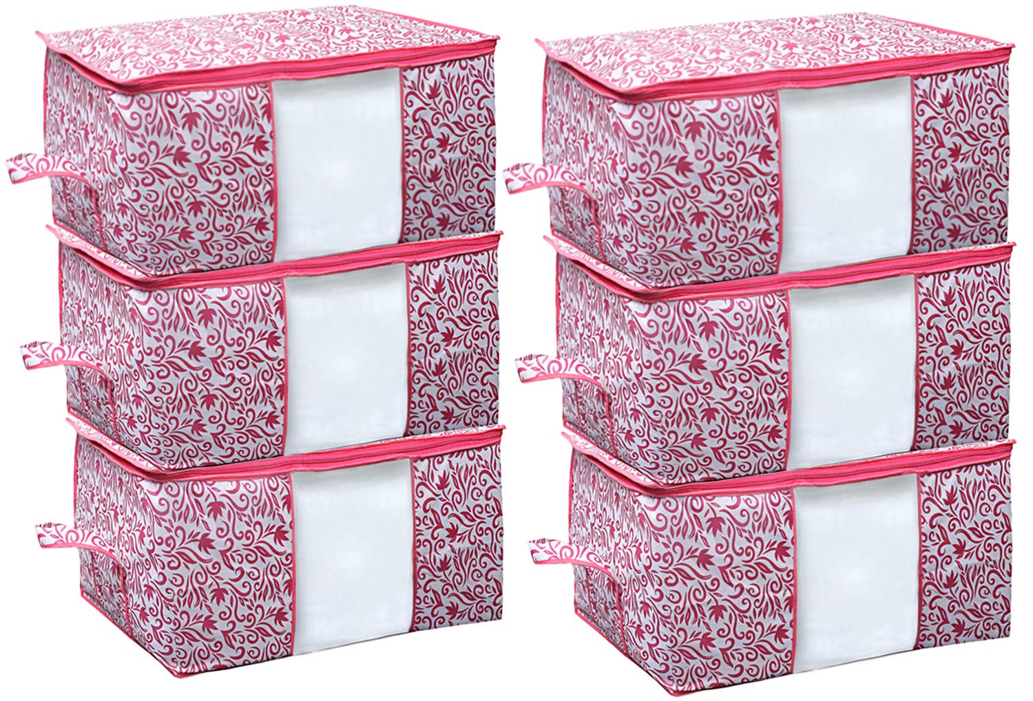 Kuber Industries Leaf Design Non Woven 6 Pieces Underbed Storage Bag, Storage Organiser, Blanket Cover (Pink)-CTKTC025734