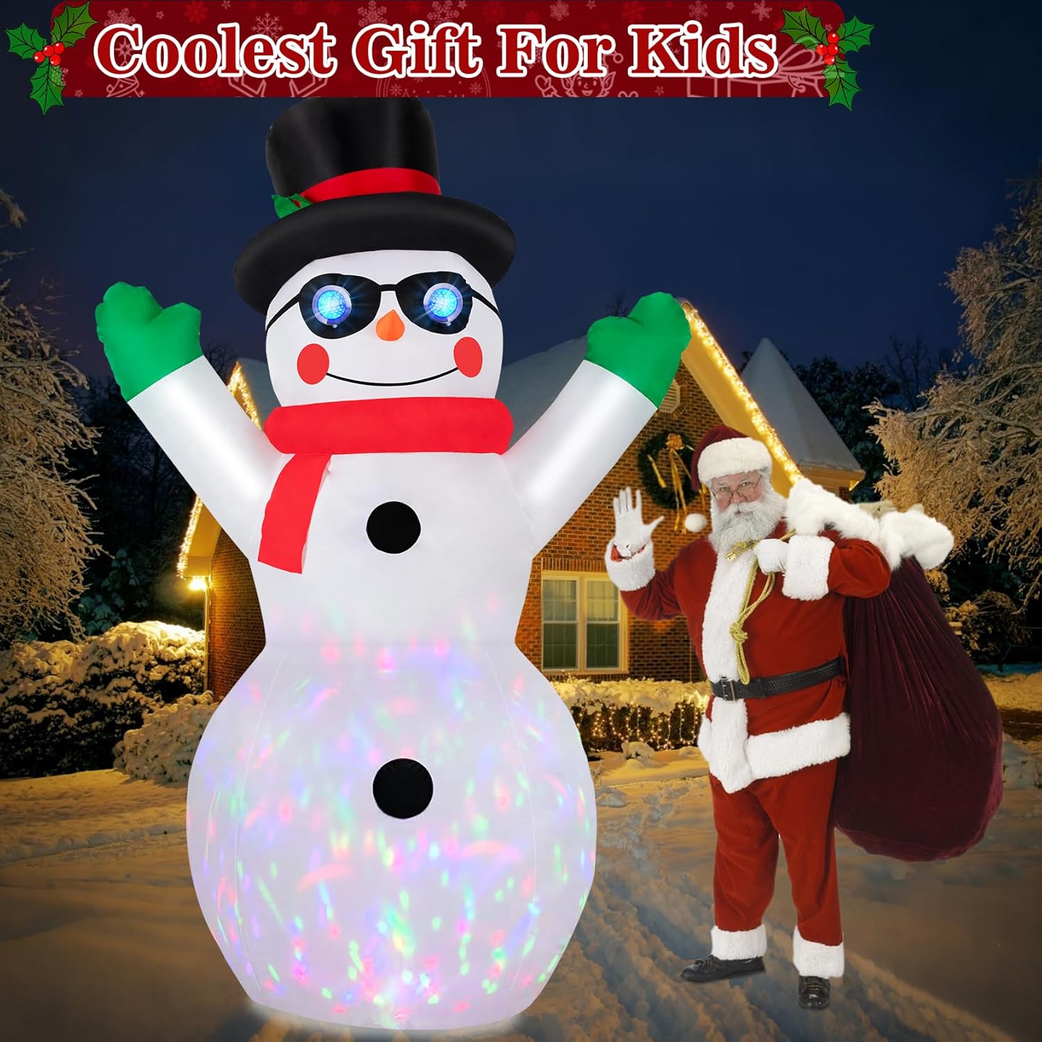 Unusual 6 FT Tall Christmas Inflatables Snowman Outdoor Decorations with Built-in Rotating Led Lights & Tunnel Eyes Xmas Blow Up Snow Man with Magic Hat for Party Indoor Yard Garden Winter Decoration - Image 6