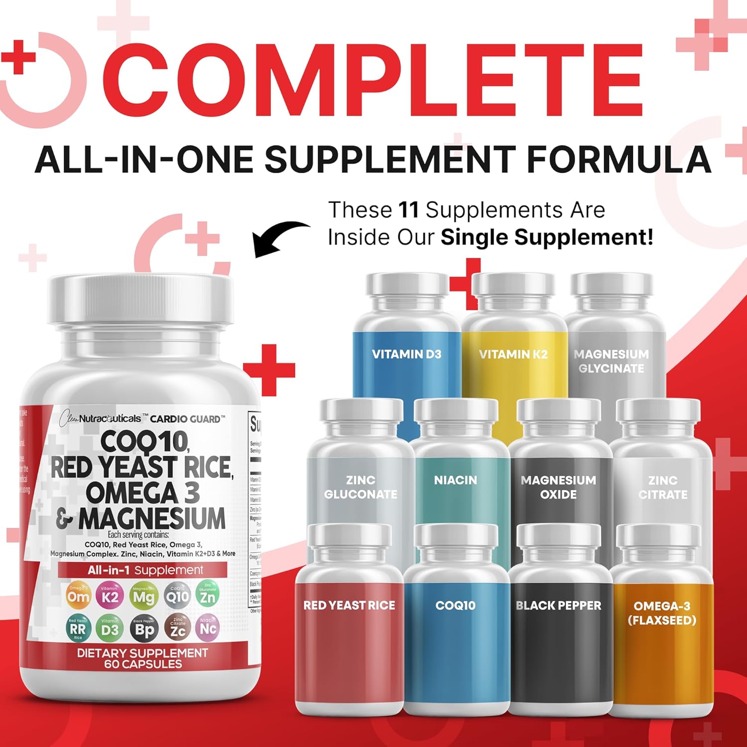 Clean Nutraceuticals COQ10 200mg Red Yeast Rice Omega 3 Magnesium Complex 500mg Niacin Zinc Vitamin K2 D3 - Heart Support Vitamins for Women & Men w/Vitamin B3, Coenzyme Q10-60 Ct (Pack of 2)