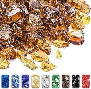 GRISUN Golden Amber Fire Glass for Fire Pit - 1/2 Inch 10 Pounds Tempered Glass Rocks for Natural or Propane Fireplace, Safe for Outdoors and Indoors Firepit Glass