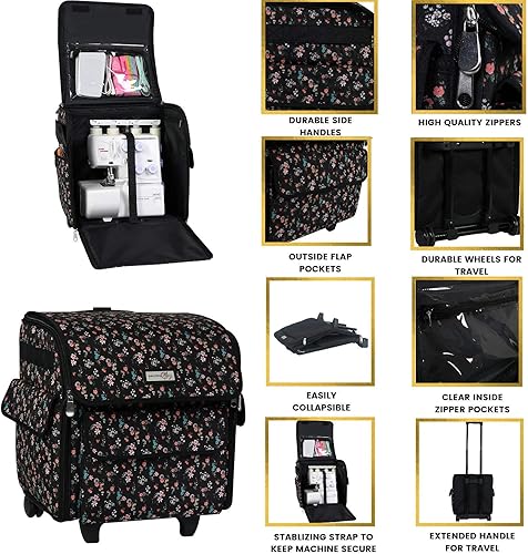 Miniatura 4 de Everything Mary Serger Machine Rolling Storage Case, Black Floral - Carrying Bag For Overlock Machines - For Brother, Singer, & Juki Sergers -