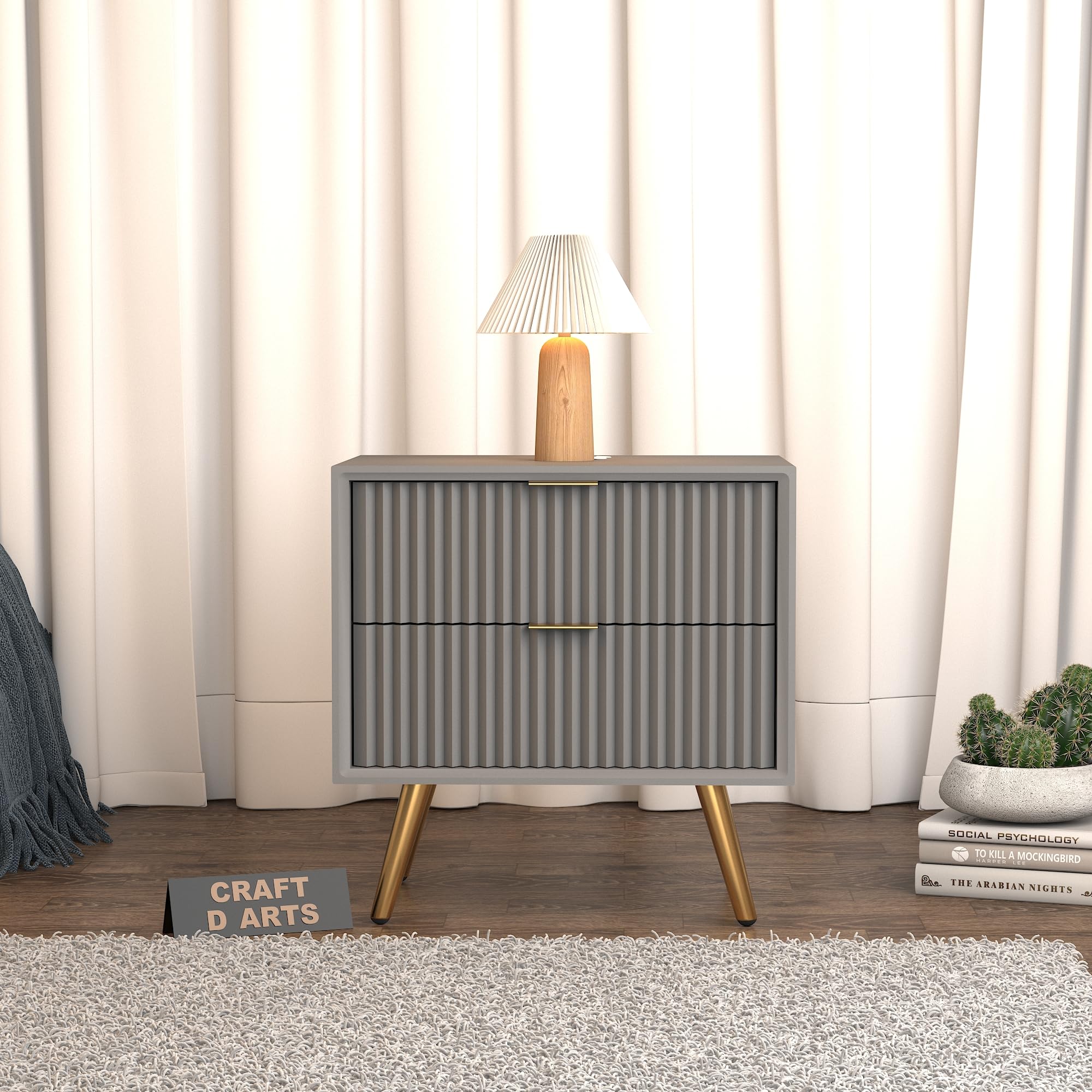 CRAFT D ARTS Wooden Bedside Table for Bedroom | Wooden Bed Side Nightstand Lamp Table with 2 Drawers for Home & Hotels | Side Table for Living Room | HDMR Premium Wood & Iron Golden Legs, Grey discount deal