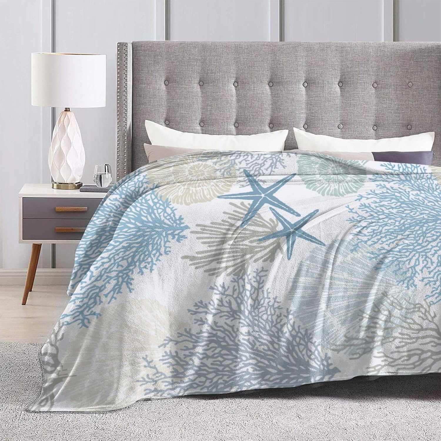Nautical Coastal Blanket Starfish Seashell Coral Beach Themed Throw Blankets Gifts for Kids Adults Sea Ocean Theme Lightweight Soft Fleece Cozy for Sofa Couch Bed Room Home Decor 50x60in