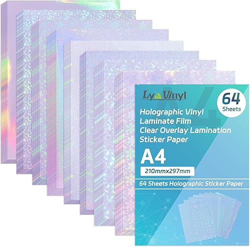 Miniatura 1 de Lya Vinyl 64 hojas de papel adhesivo holográfico, hojas autoadhesivas de vinilo transparente, 8.25 x 11.7 pulgadas, laminados de película adhesiva