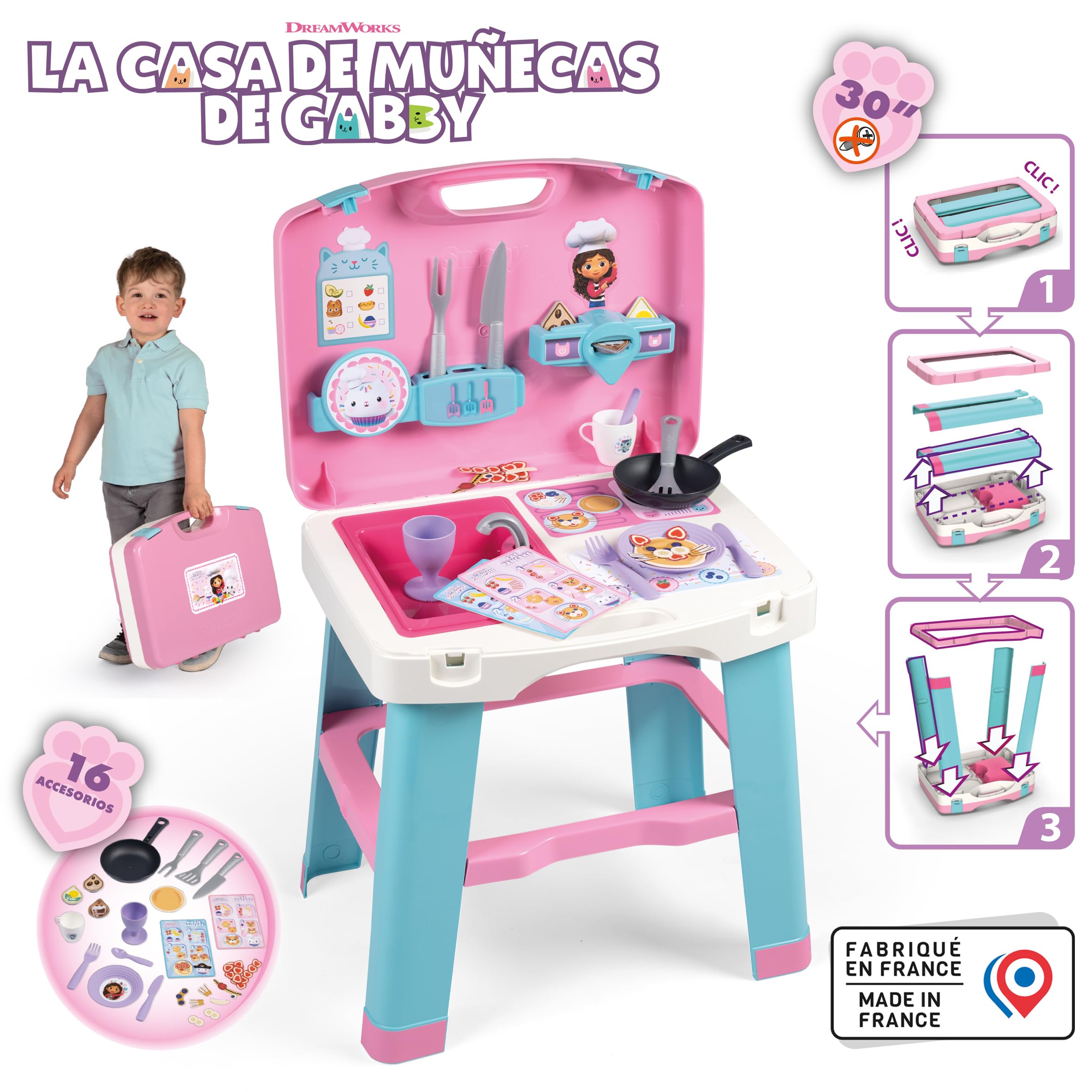 Smoby - Gabby Cucina Take Away, 7600311908, +3 anni, cucina trasportabile dove vuoi, tanti accessori