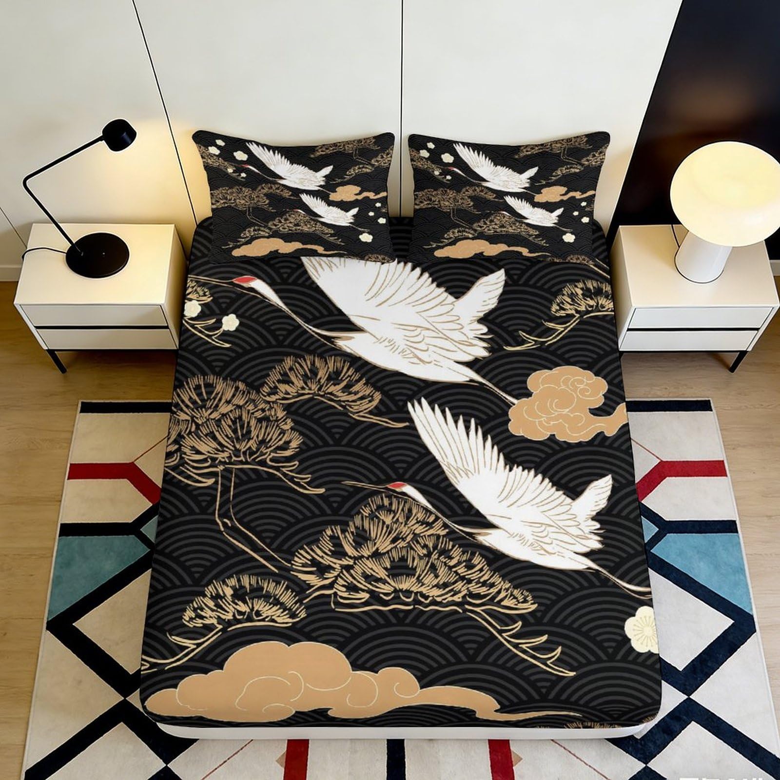 3D Printed Crane Cloud Fitted Sheet Microfiber Soft Black Gold Japanese Bed Cover for Bedroom Guest Room Decor 90x200x25cm