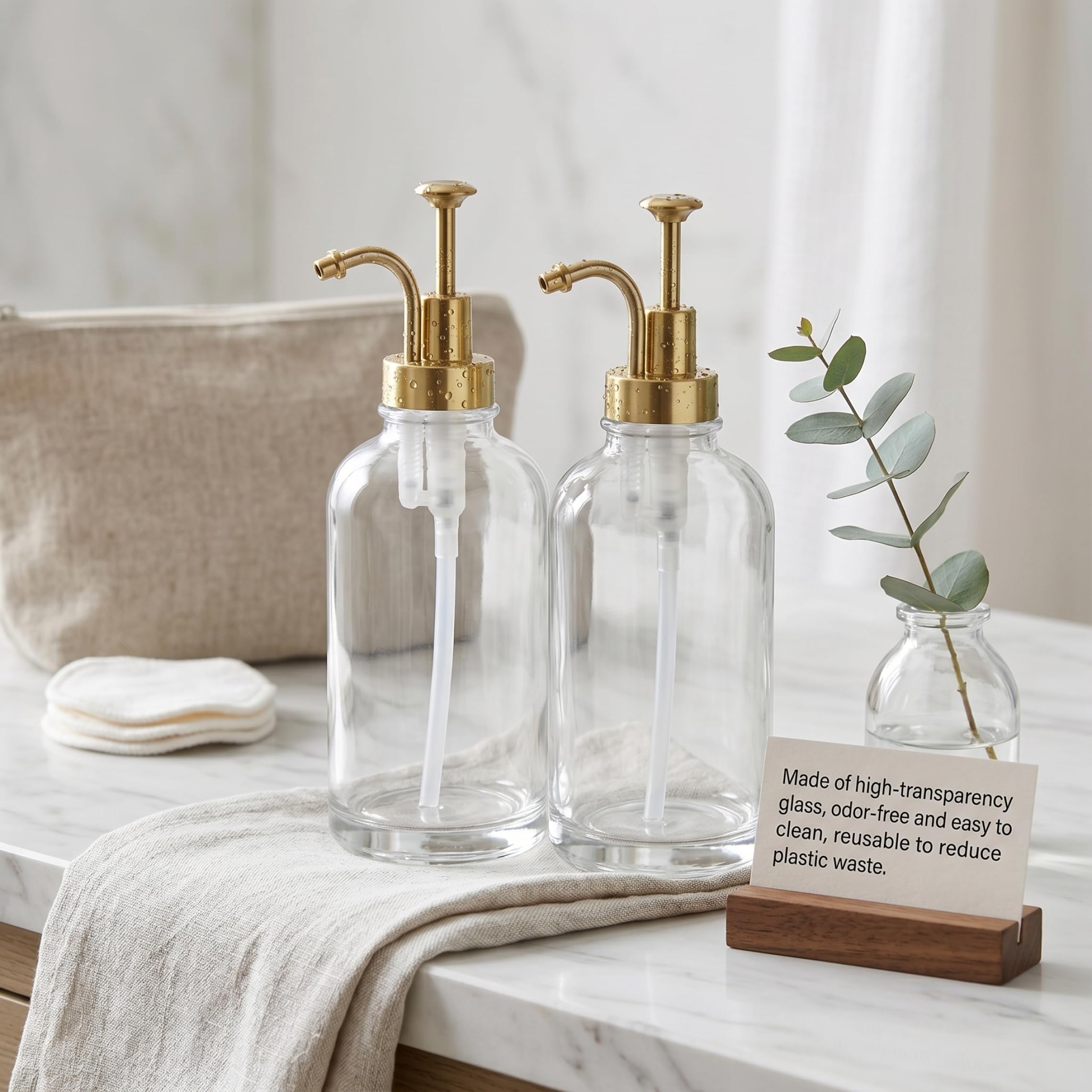 2er-Pack Seifenspender-Set aus Glas, nachfüllbare Hand- und Spülmittelspender mit goldfarbener Metallpumpe, durchsichtige Flaschen, ideal für Küche und Badezimmer, Gold