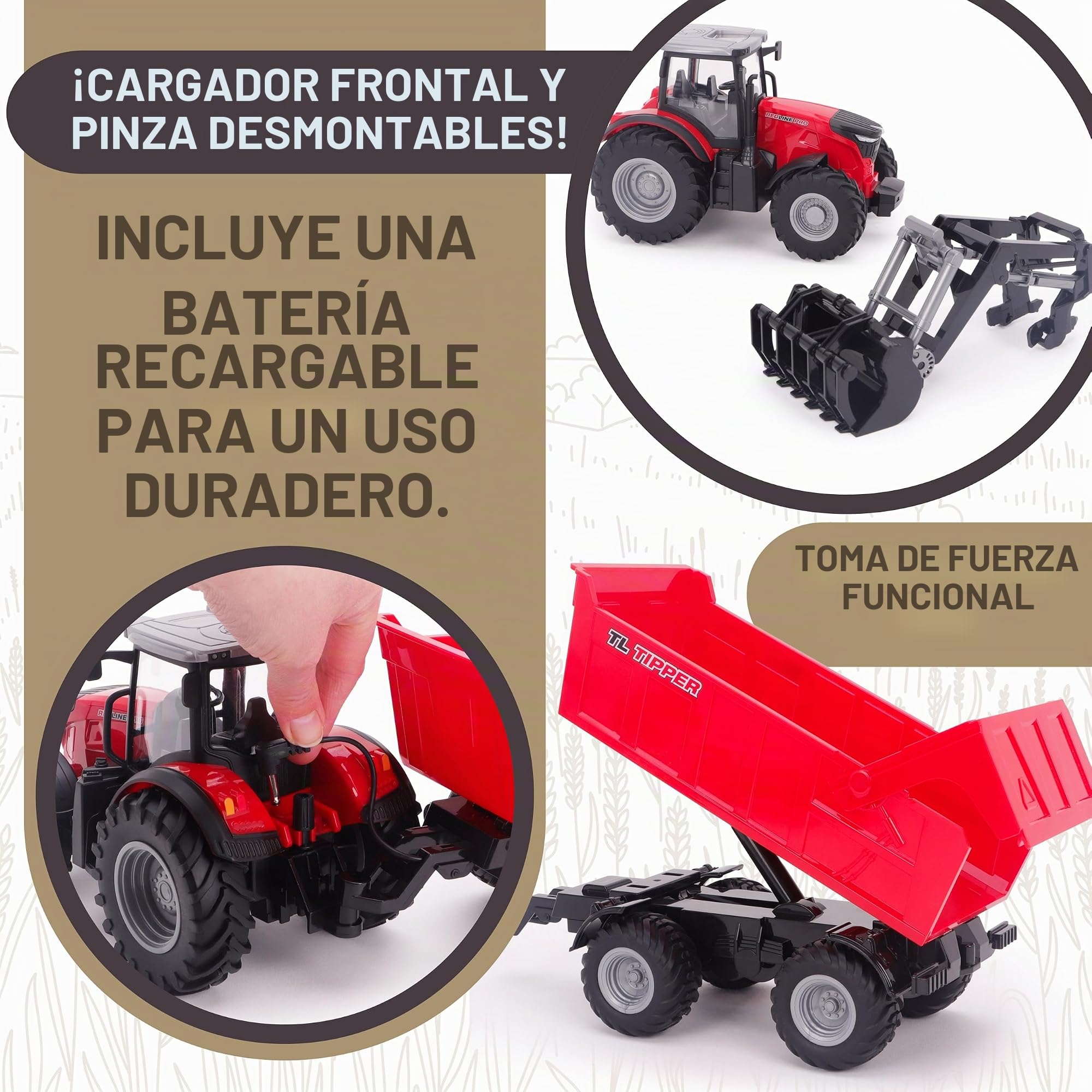 Toyland® Escala 1:24 Tractor Rojo a Control Remoto con Pala Frontal, Remolque basculante motorizado y Accesorios. de Juguete con Luces y Carga USB. Batería Recargable incluida. Vehículo de Granja.