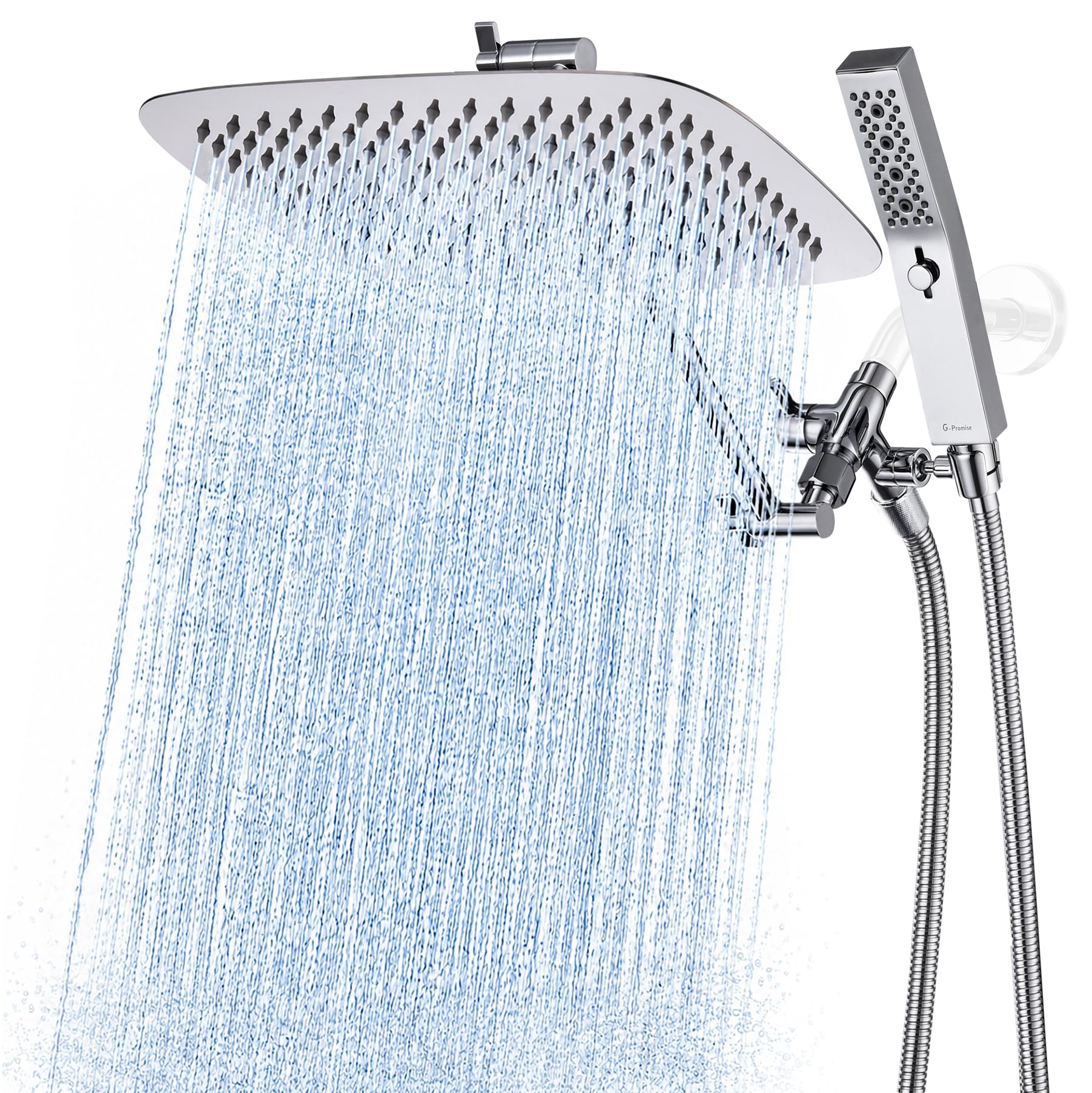 G-Promise All Metal 12 Inch Dual Square Shower Head with Handheld Combo, Rain Shower Head, Adjustable Extension Arm, Smooth 3-Way Diverter, 71 Inch Extra Long Hose - A Bathroom Upgrade (Chrome)