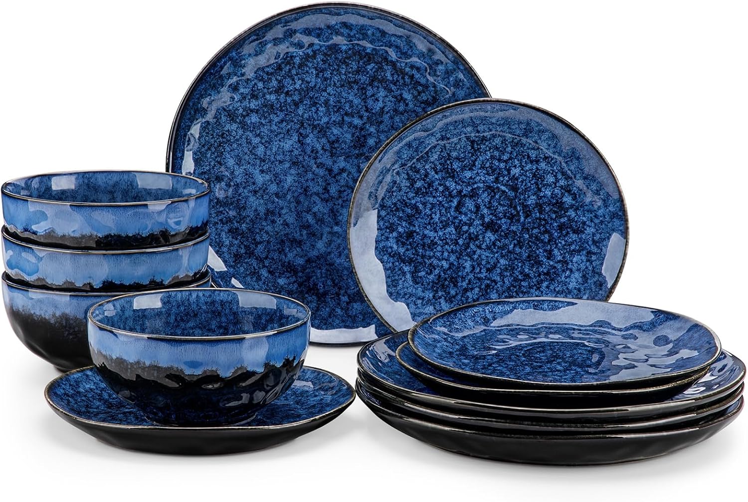 vancasso Starry Dinnerware Set for 4, Handmade Reactive Glaze Stoneware 12 Pieces Plates and Bowls Sets, Dishwasher and Microwave Safe Dish Set, Blue