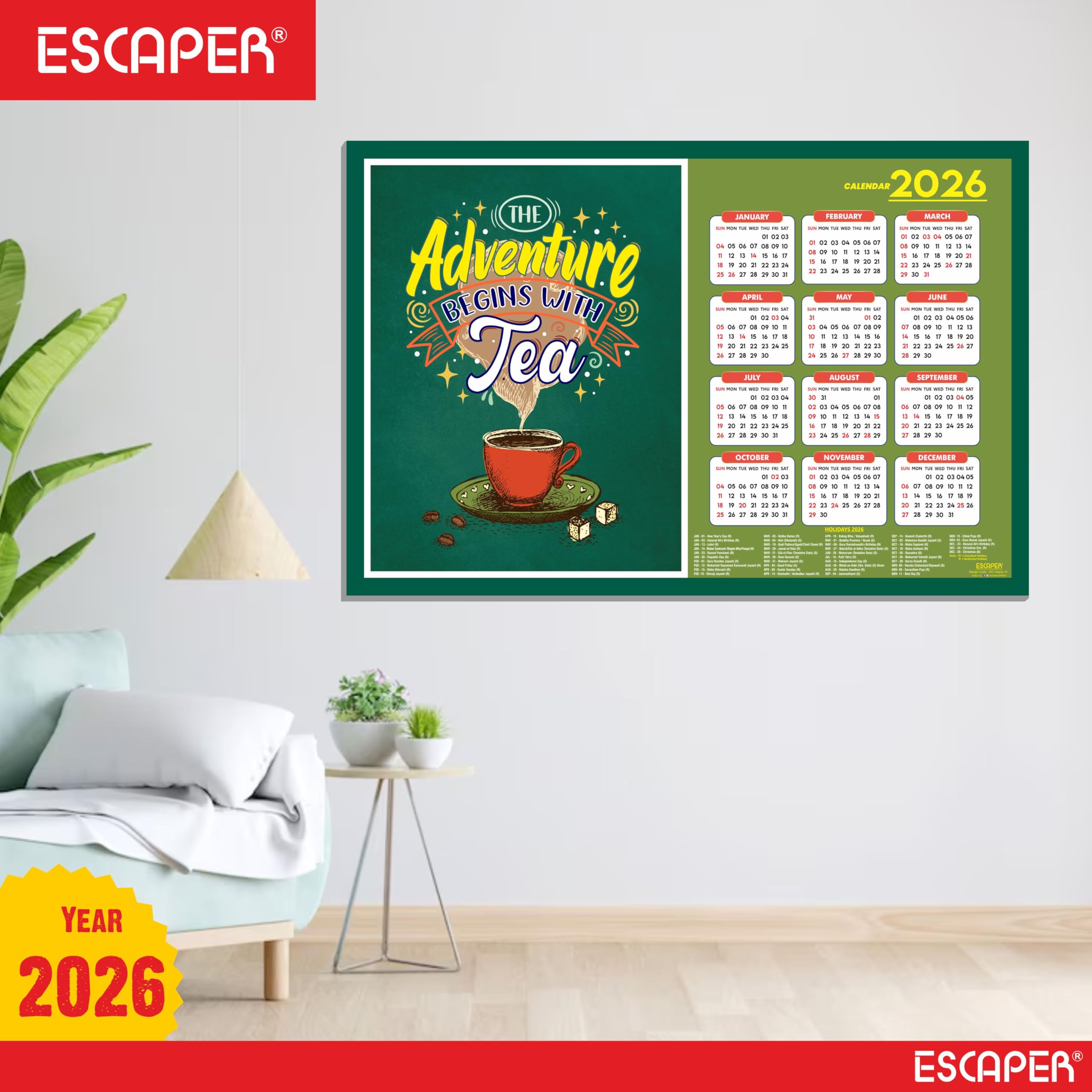ESCAPER Tea Lovers - Calendario de pared 2026 – 12 x 18 pulgadas, papel laminado de 300 g/m², calendario autoadhesivo de una sola página para decoración de oficina, hogar y cafetería, regalo perfecto
