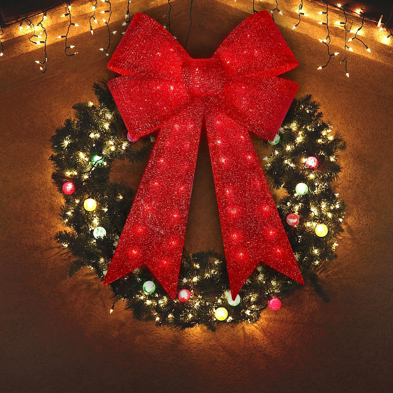 32 inch Red Christmas Bows with LED Lights,72 Led Christmas Tree Decoration Wreath Bow Light,11 Function Bow Topper Light for Indoor Outdoor Christmas Decoration