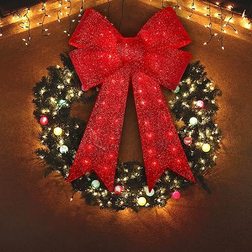 Lazos de Navidad rojos de 32 pulgadas con luces LED, 72 luces LED para decoración de árbol de Navidad, guirnalda de lazo, 11 funciones para
