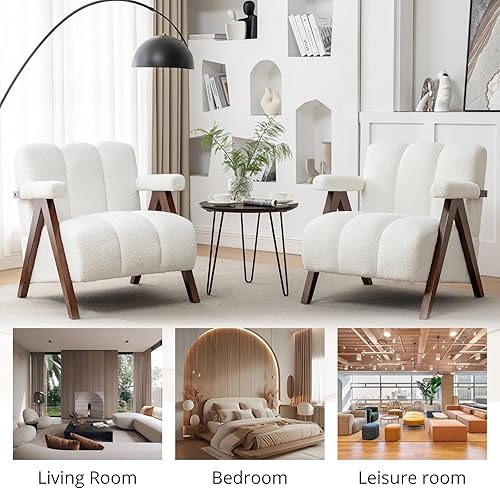 Miniatura 7 de Silla decorativa moderna de mediados de siglo con marco de madera maciza, sillas tapizadas Boucle para sala de estar con cojín grueso, cómoda silla