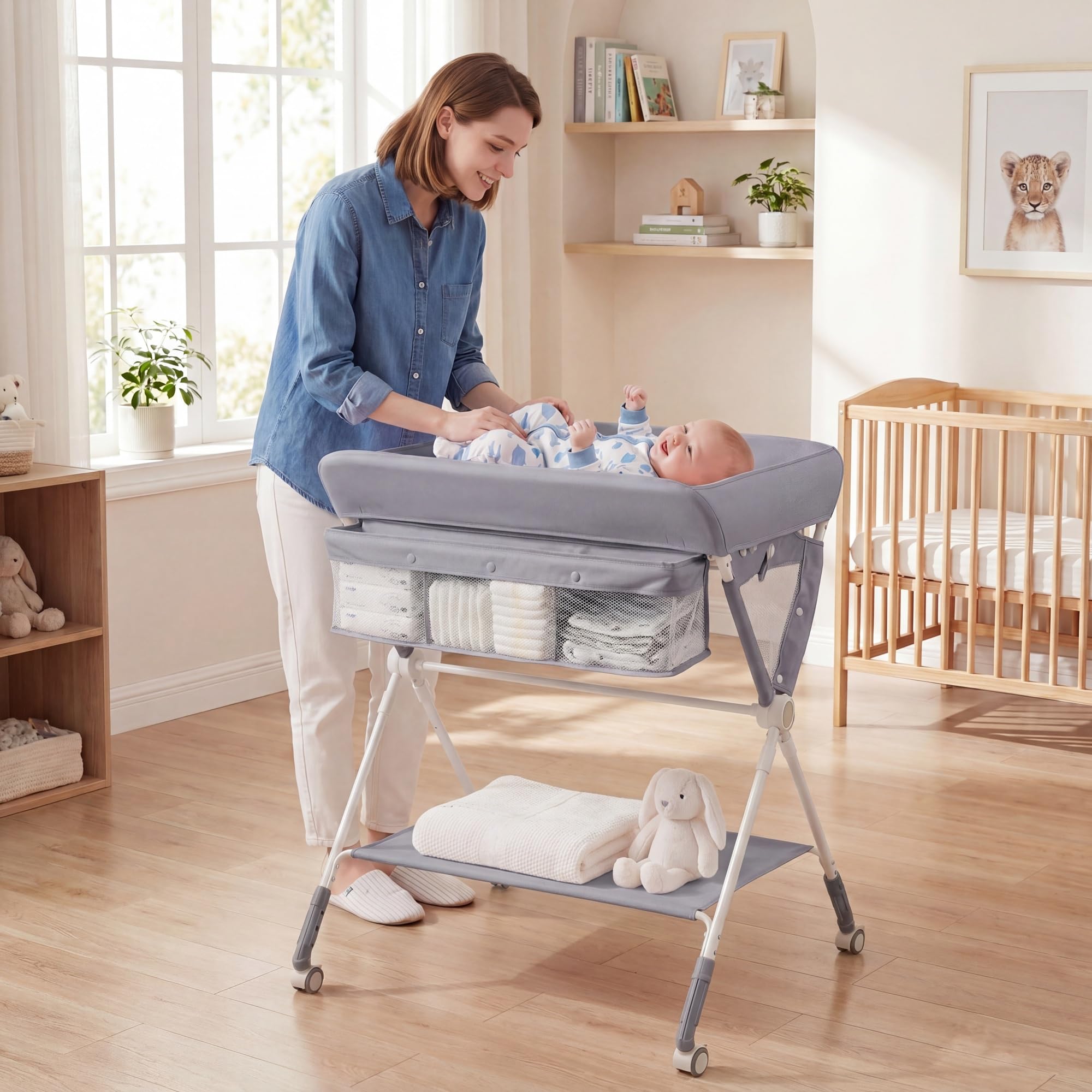 LIFEZEAL Fasciatoio Neonato, con Cestino Portaoggetti, Cintura di Sicurezza e Ruote, Regolabile in Altezza con Cesto Portaoggetti, per Bambini 0-12 Mesi, Portata 11 kg (grigio)