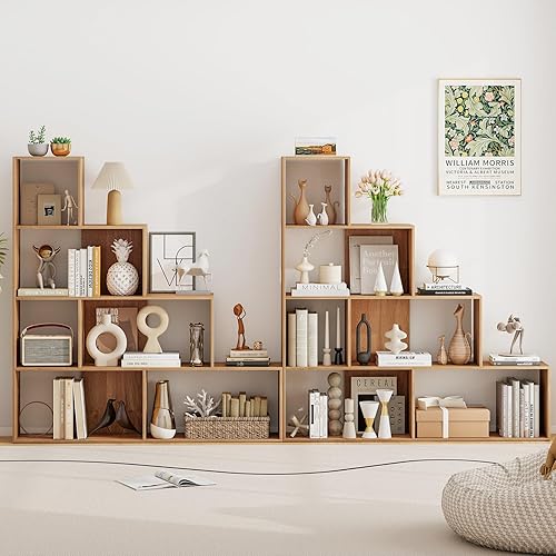 Miniatura 9 de Estantería de 4 niveles, estantería escalonada con 6 cubos de almacenamiento separados, estantes y estanterías de madera, estante de exhibición