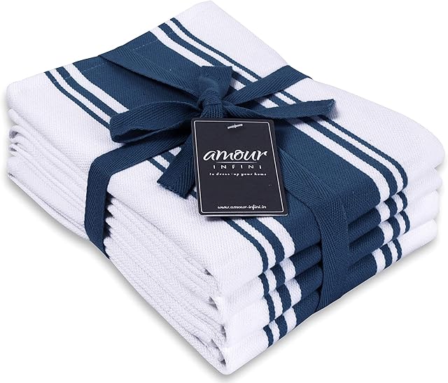 AMOUR INFINI Classic Vintage Stripe Kitchen Dish Towels | 4 Pack | 50 x 70 cm | Multi-use Kitchen Towels With Hanging Loop |100% Ring Spun Premium Cotton | Highly Absorbent Tea Towels | Blue