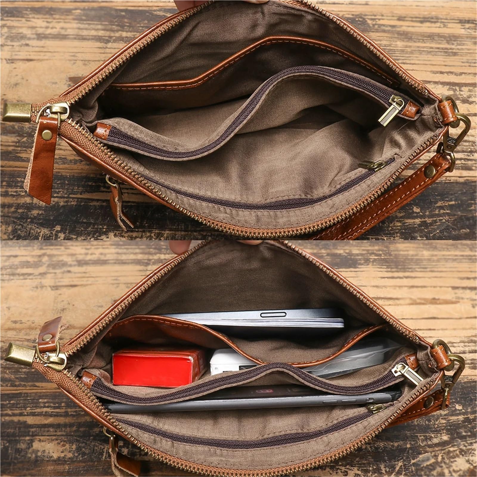 Portafoglio pochette in pelle vintage, cerniera sicura, elegante braccialetto da uomo