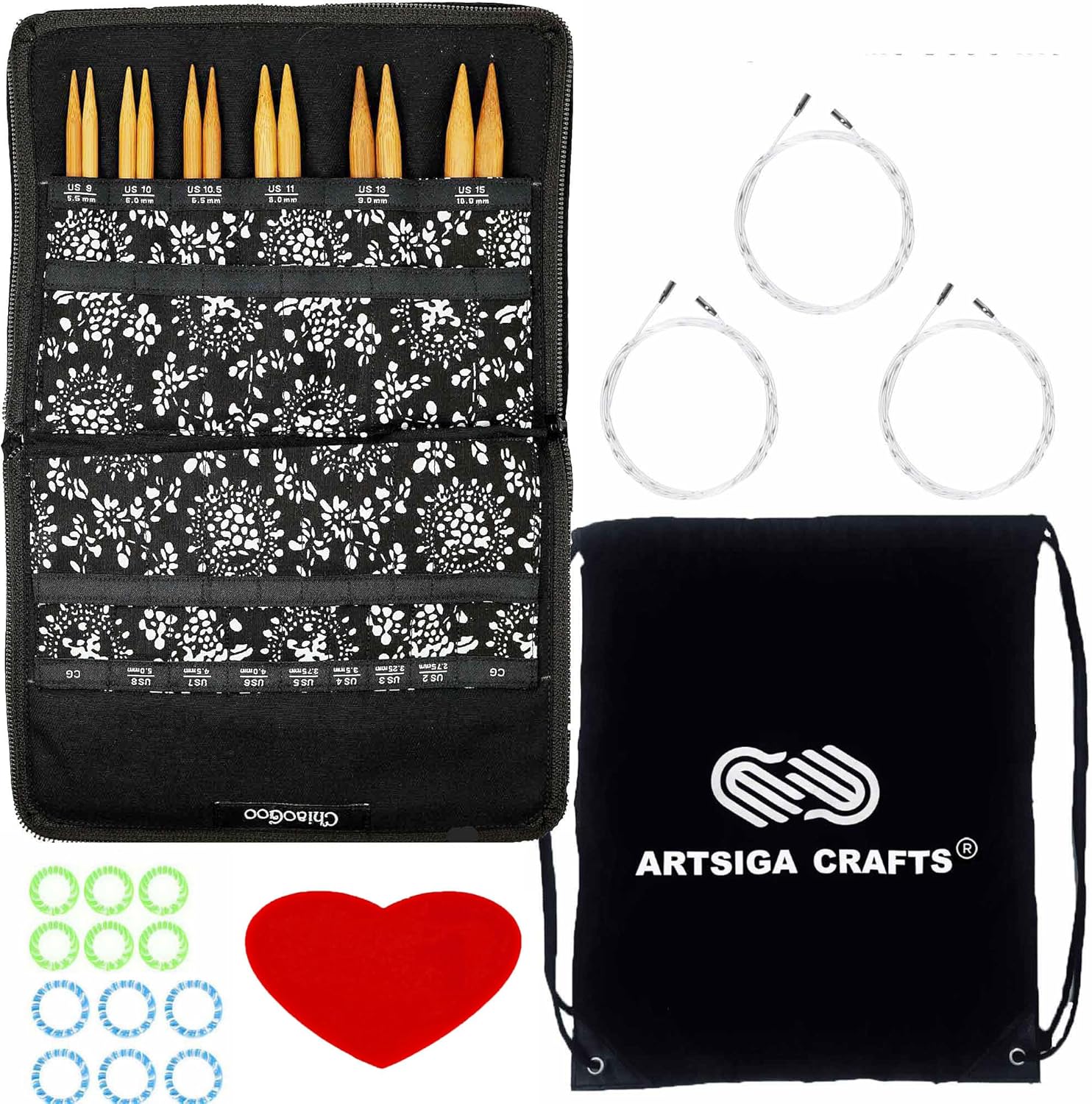 ChiaoGoo Spin Bamboo 5-Inch Large 2500-L Interchangeable Circular Knitting Needle Set, Sizes US 9, 10, 10.5, 11, 13, 15 with 3 Cords, Connectors, Stitch Markers with Project Bag