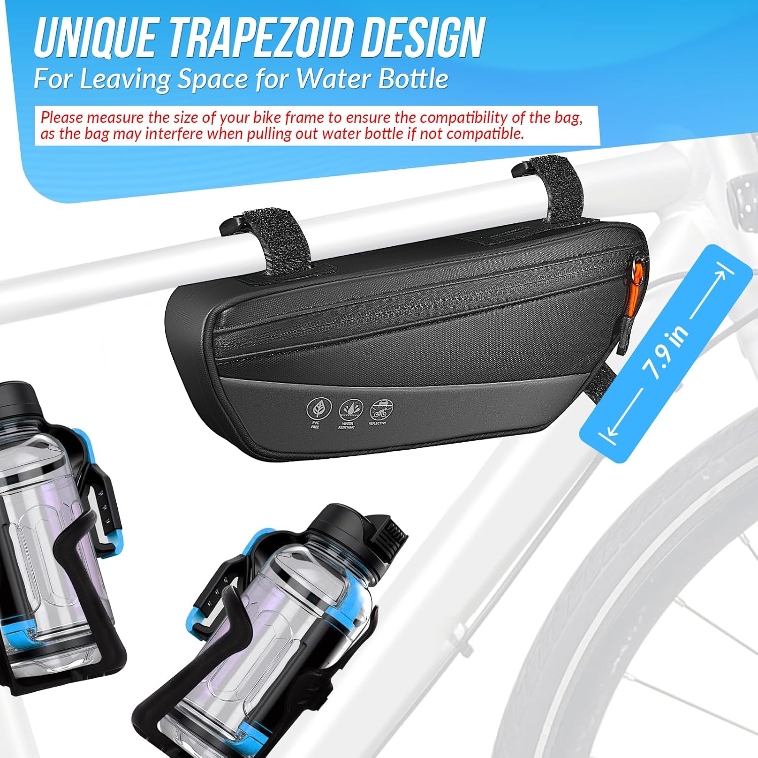 WOTOW Bike Frame Bag - Waterproof Bike Triangle Bag with Side Pocket - Reflective Bicycle Under Tube Storage Pouch for Road Mountain Cycling Travel, 1.8L - Image 2